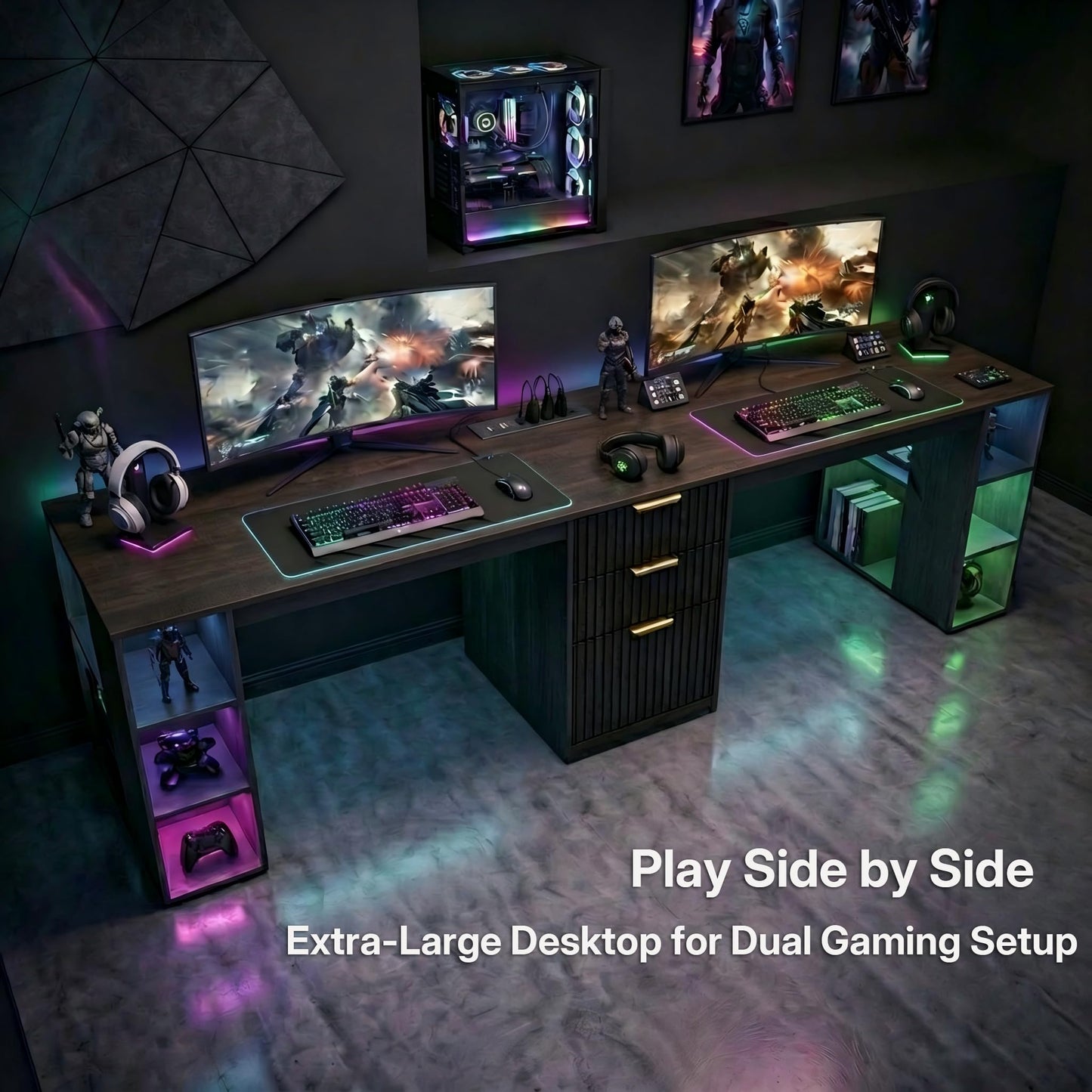 NORTHSKY 96.5" 2 Person Desk with Power Outlet & USB Ports, Double Computer Desk with Drawers & Storage Shelves, Modern Fluted Gaming Desk for Home Office, Black