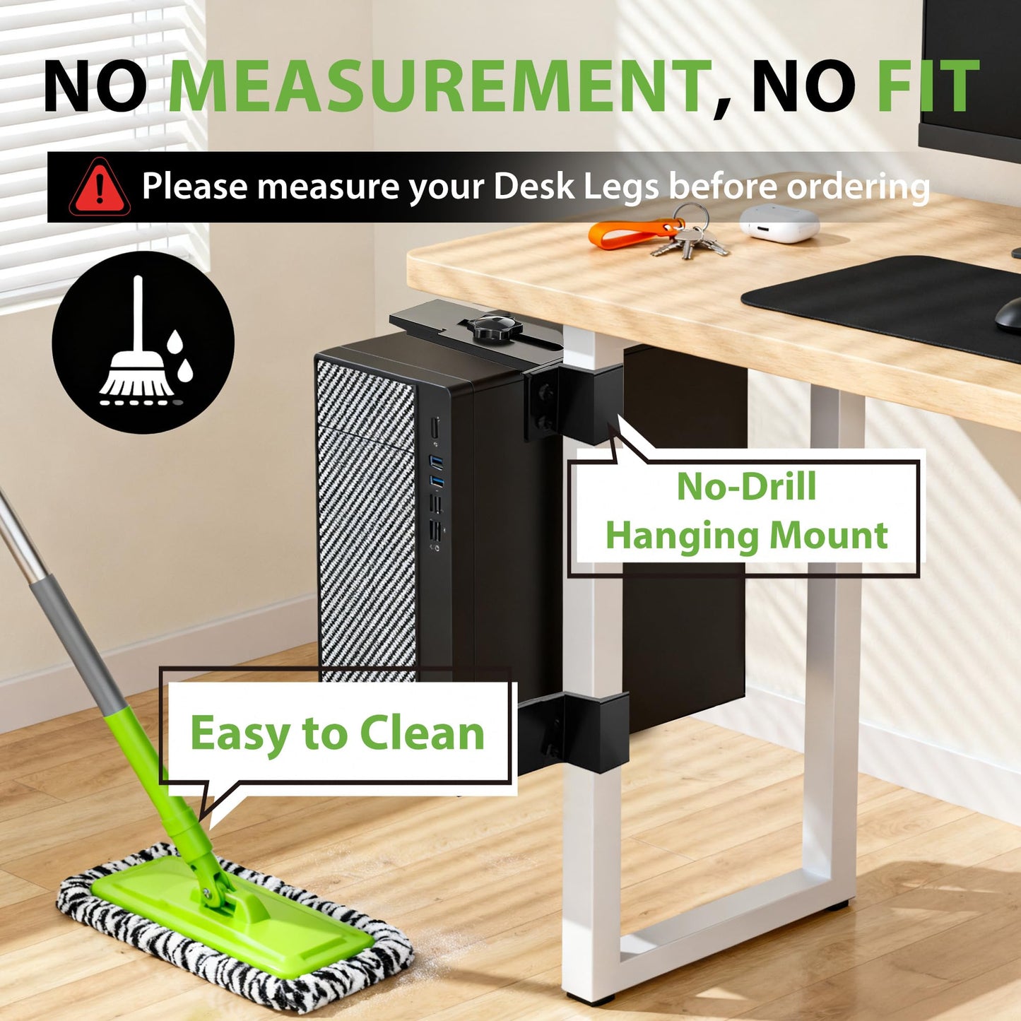 Under Desk PC Mount - No Drilling 44 Lb PC Holder Under Desk, PC Mount for Standing Desk Fits Only 2 9/16''×1 3/4'' Desk Legs, Black
