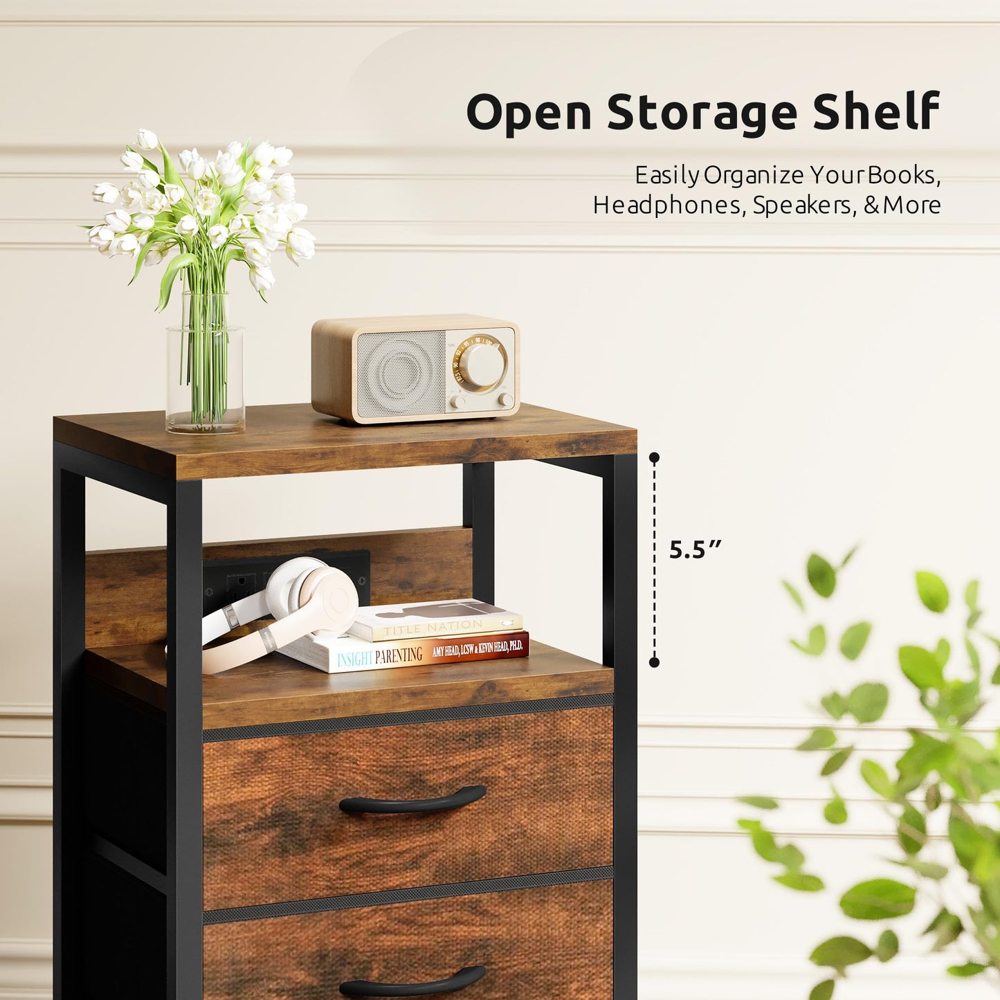 Lazzanto NightStand Bedside Charging Table Bedroom - Brown Night Stand with Charger Station, Modern Bed Side End Table with Open Shelf & 2 Fabric Drawers, USB-C Port for Dorm, Living Room