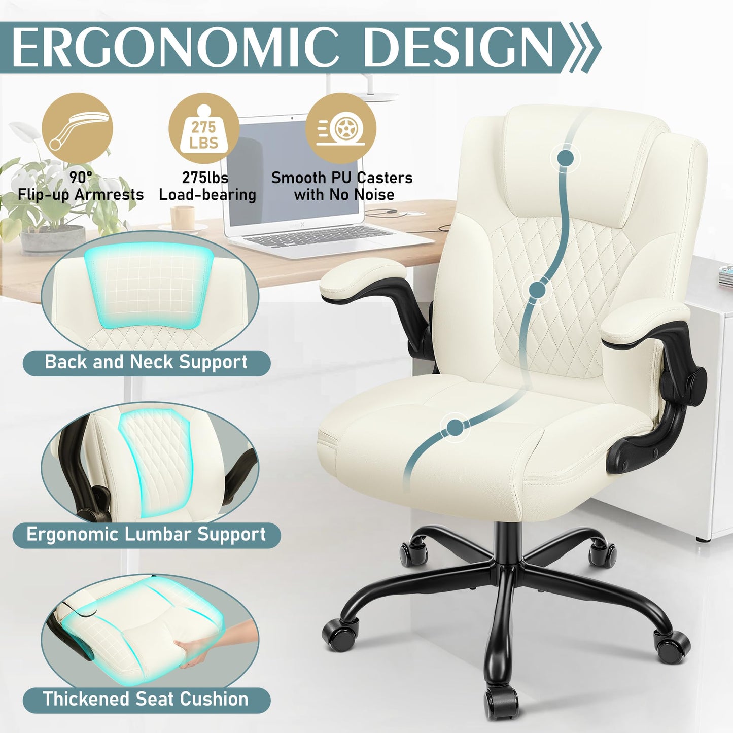 Leather Office Chair, PU Home Computer Desk Chairs with Ergonomic Back Support, 360°Swivel Free，Small Gaming Chair with Wheels and Adjustable Armrests, for Short People Use
