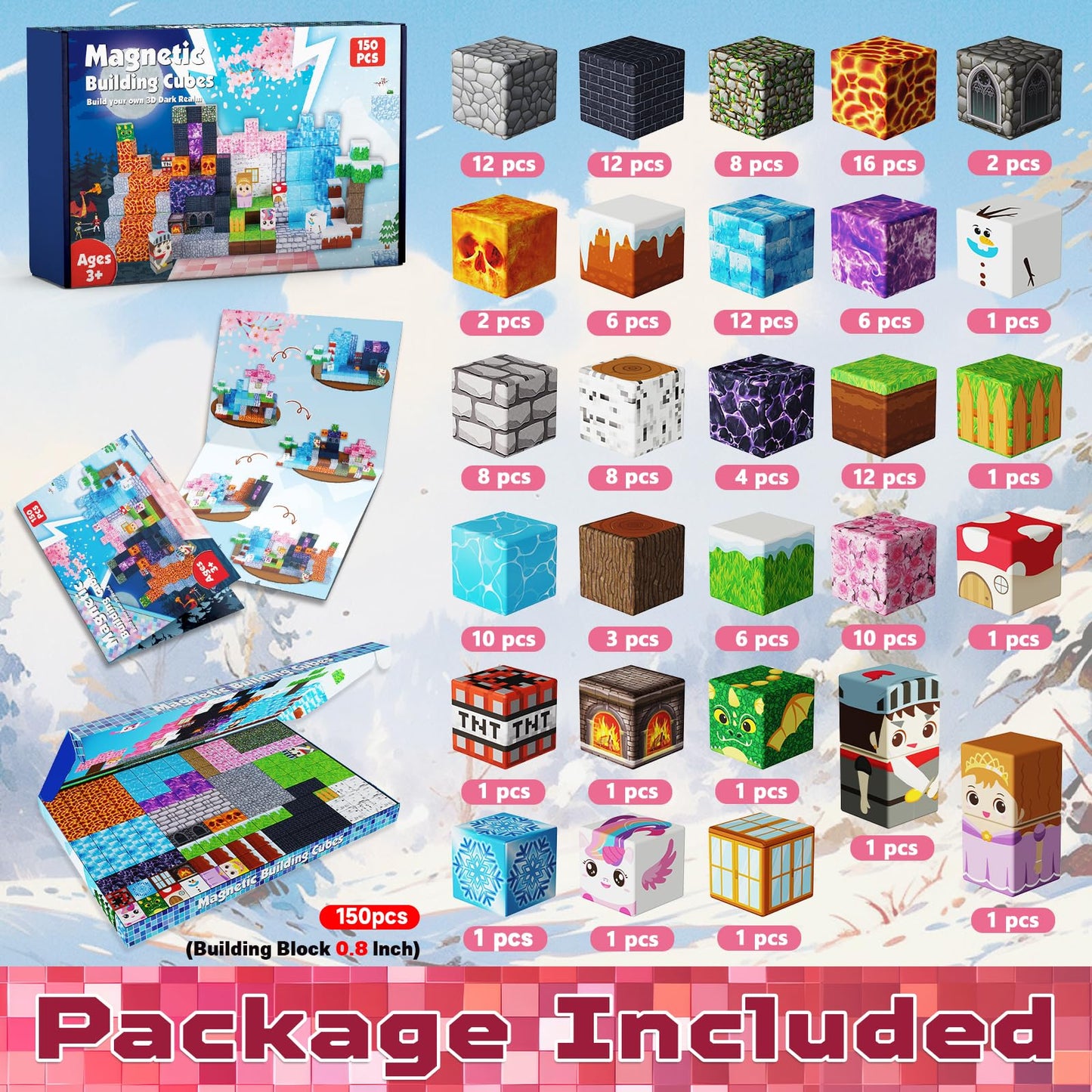 Magnetic Blocks - 150PCS Magnetic Building Block Cubes Dark Forest Glacier Castle, Magnet Toy Building Sets for Kids Age 3+, STEM Stacking Construction Toys Easter Gift for Boys Girls Age 4-8, 8-12