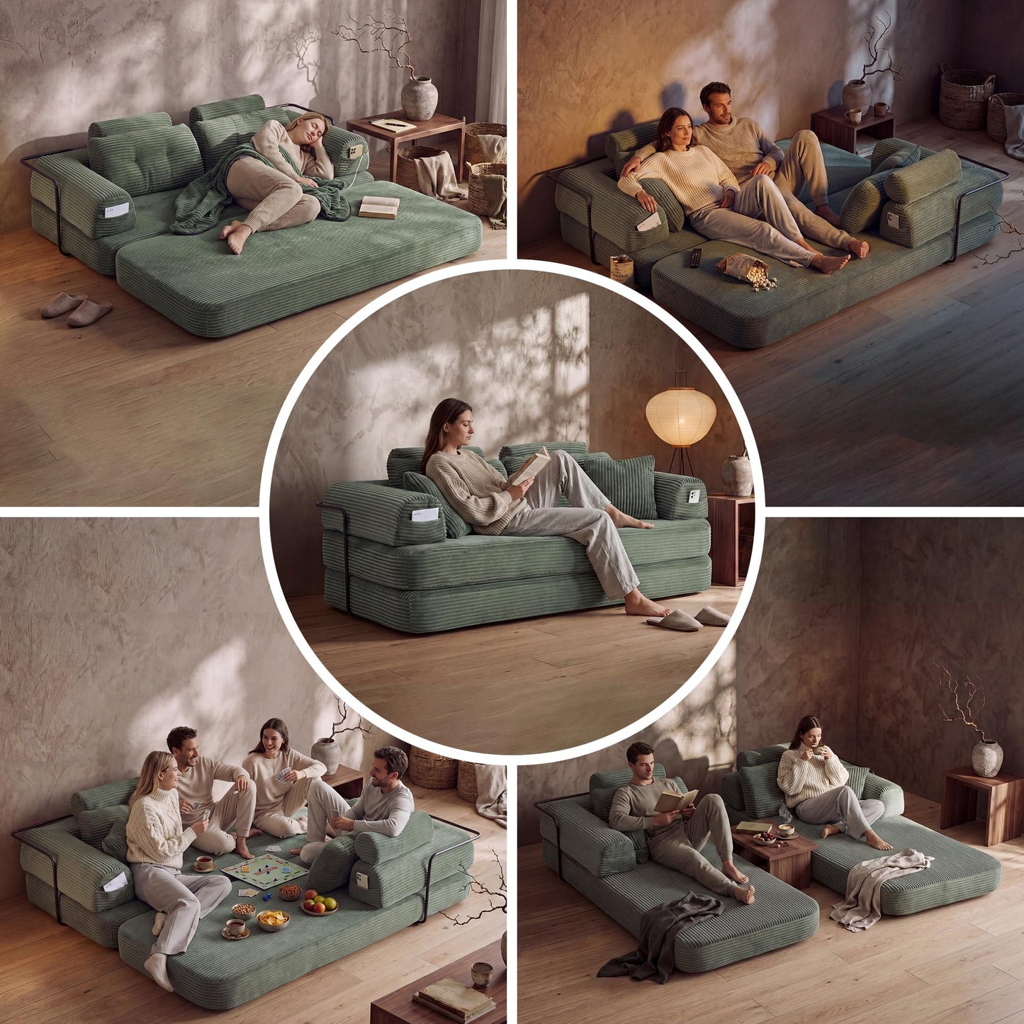 Boneless Floor Sofa, 3-in-1 Convertible Loveseat Sleeper Futon, Modular Small Space Couch Bed with High Headrests & Side Storage Pockets & 2-in-1 Pillow Blanket for Living Room, No Assembly, Bedroom