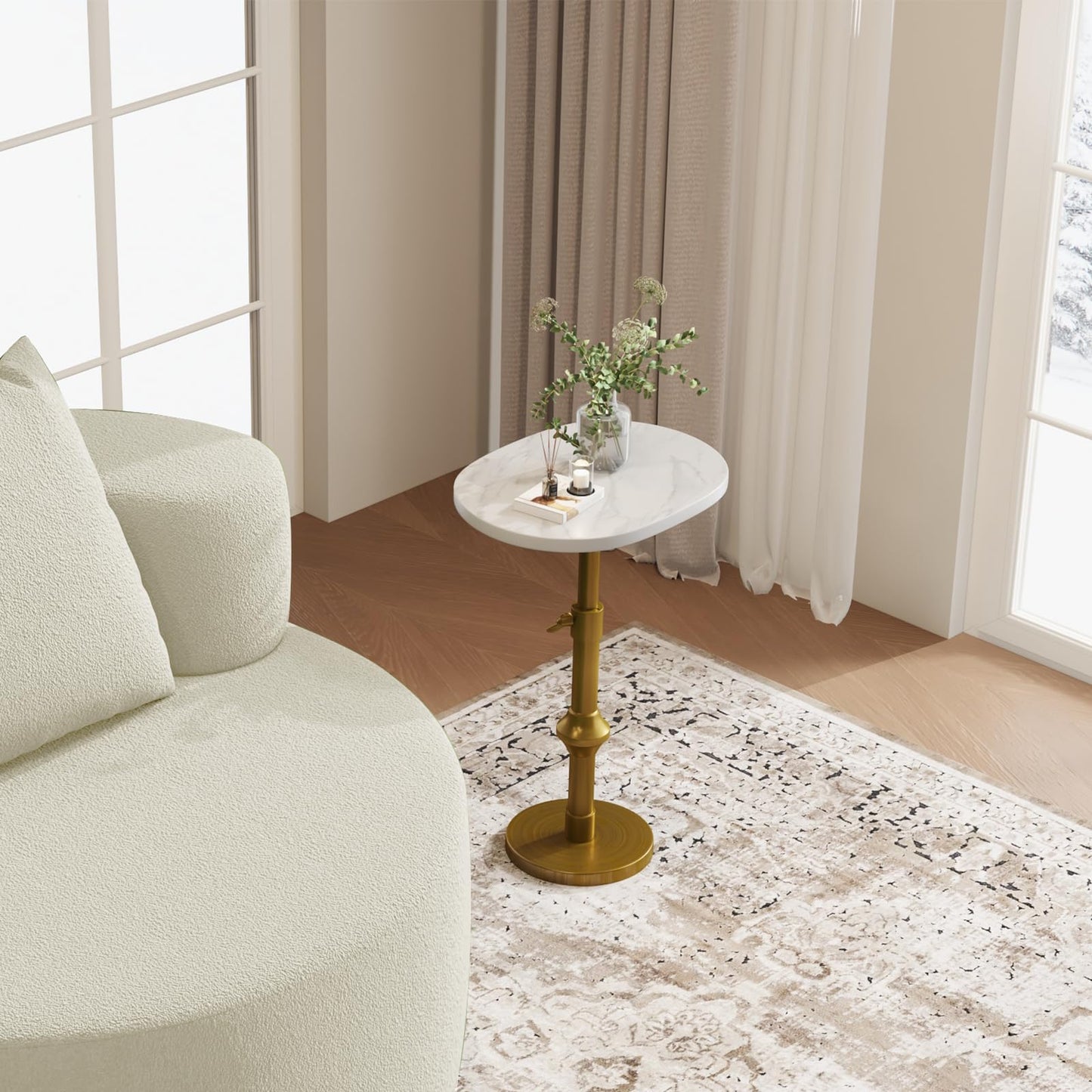 WHGBJA Adjustable Drink Table, 10"x12"x(22“~30") Martini Table with Metal Antique Brass Stand Base, Drink Tables for Small Spaces, Living Room, Bedroom, Or Office (White)