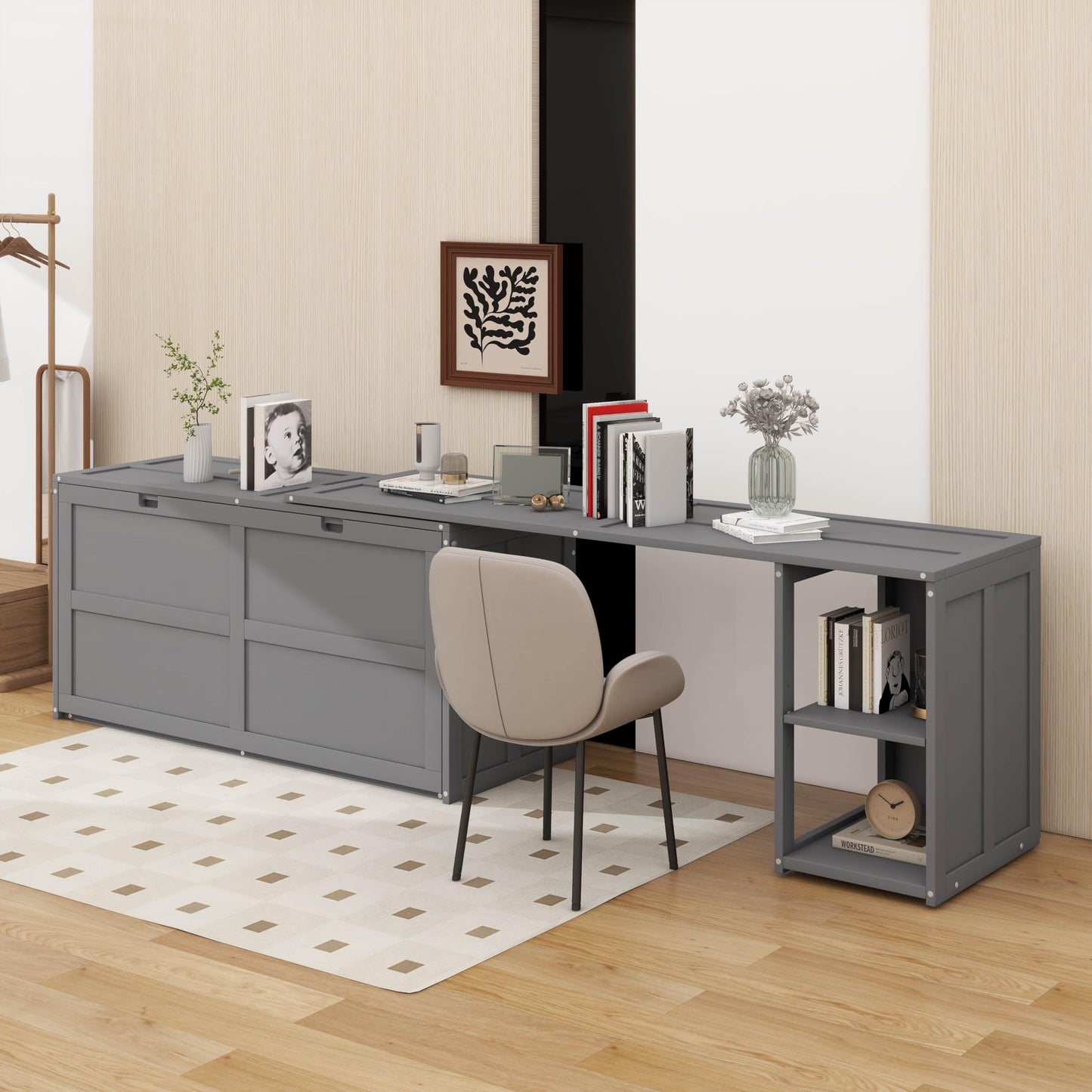 YunNianYang Queen Size Murphy Bed with Rotable Desk (Gray)