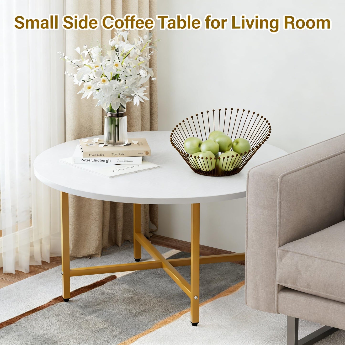 FAMIDGE Coffee Table, 23.6" Coffee Tables for Living Room, Round Coffee Table with Metal Frame, Floor Table for Sitting on The Floor, Home, Office, White & Gold Legs