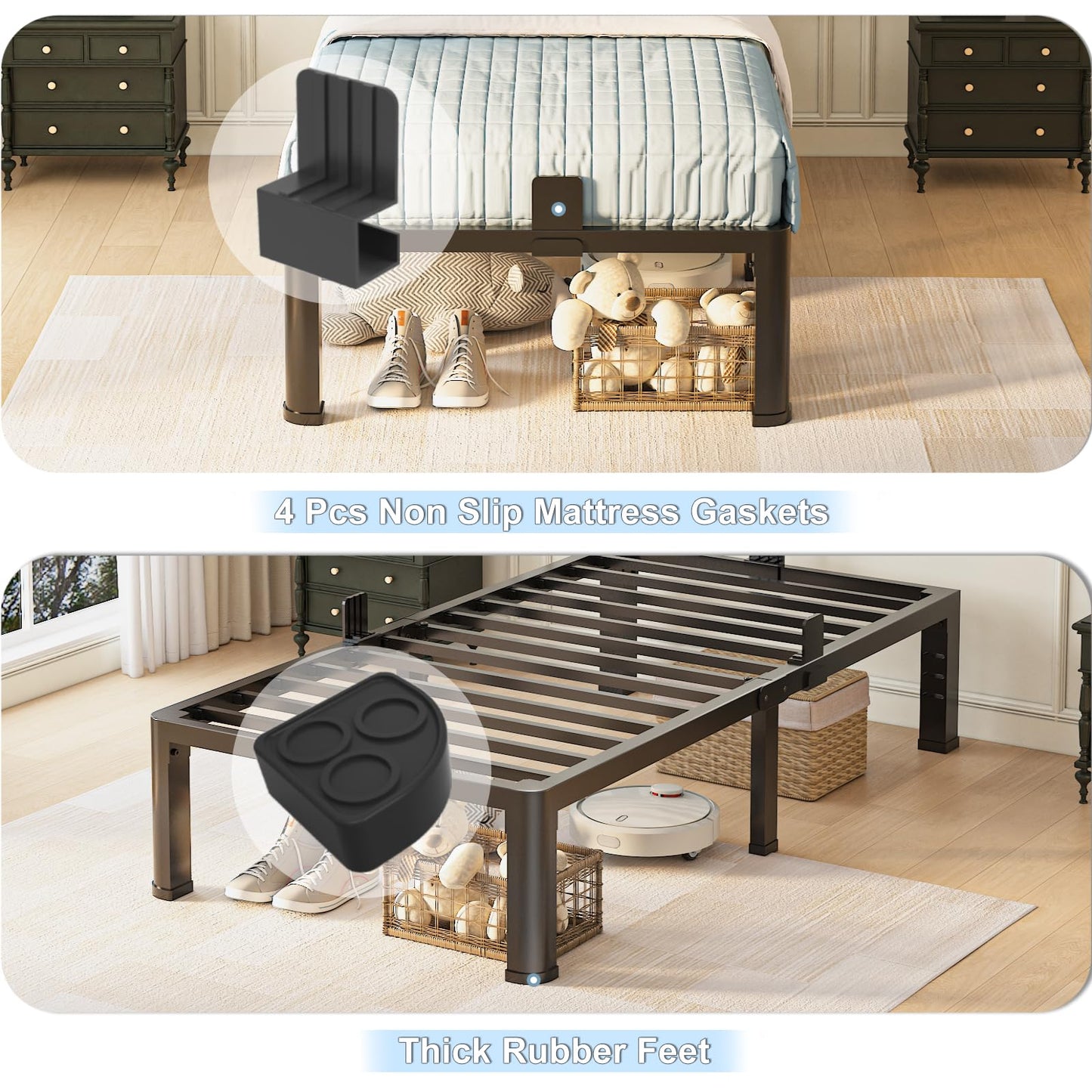 Yitong Angel 14 inch Twin Bed Frame with Rounded Corner Legs and Headboard Hole Mattress Slide Stopper 3500 LBS Heavy Duty Support Metal Platform,No Box Spring Needed, Noise Free, Easy Assembly