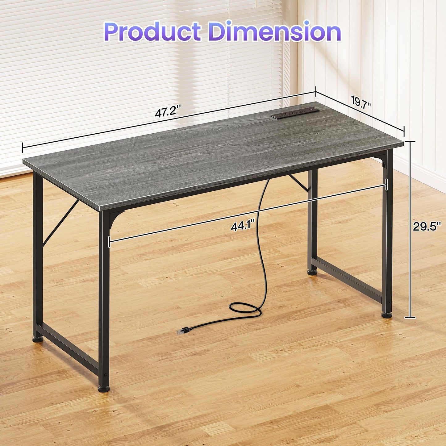 PRAISUN 47 X 20 Inch Office Computer Desk with Power Outlets and USB-C Port, Larger Gaming Desk, for Home Office, Study, Bedroom, Writing Work from Home Table, Metal Frame, Grey