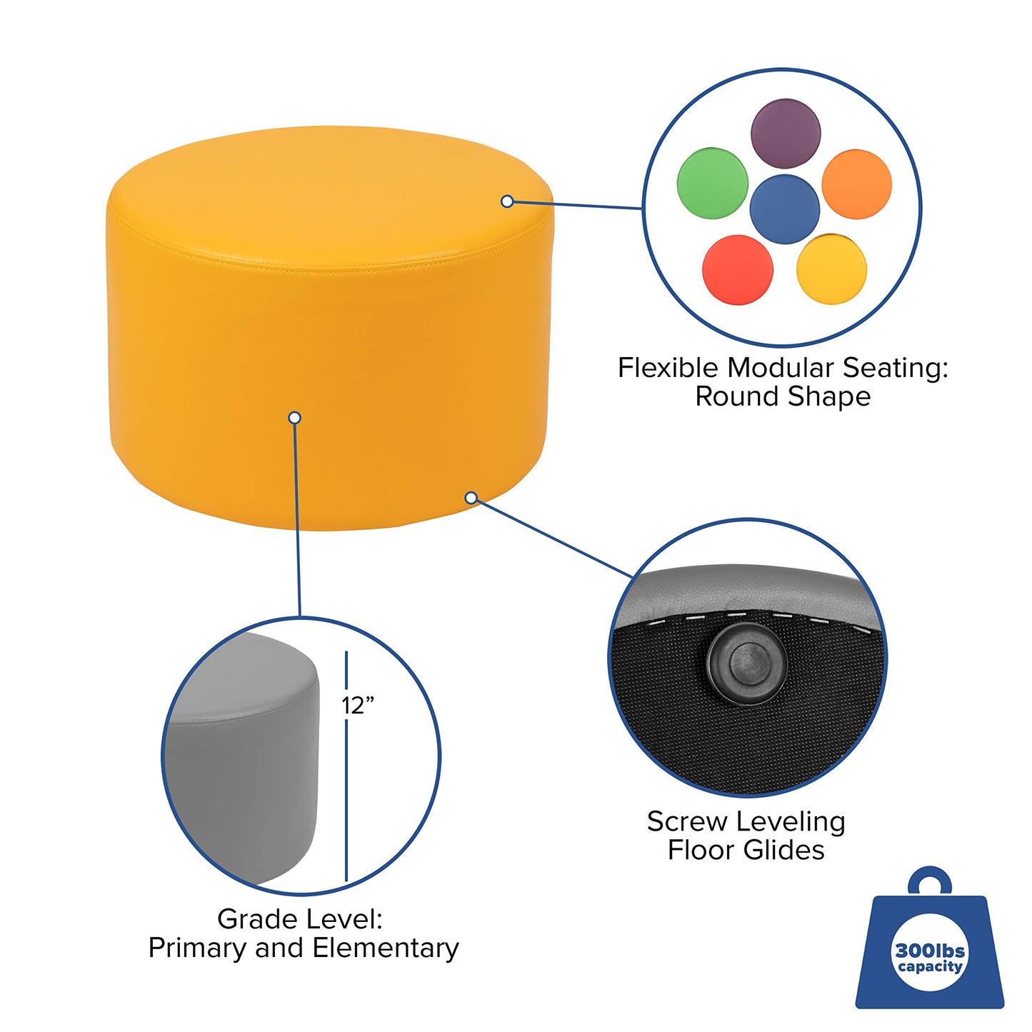 Flash Furniture Nicholas Soft Seating Flexible Circle for Classrooms and Daycares - 12" Seat Height (Yellow)