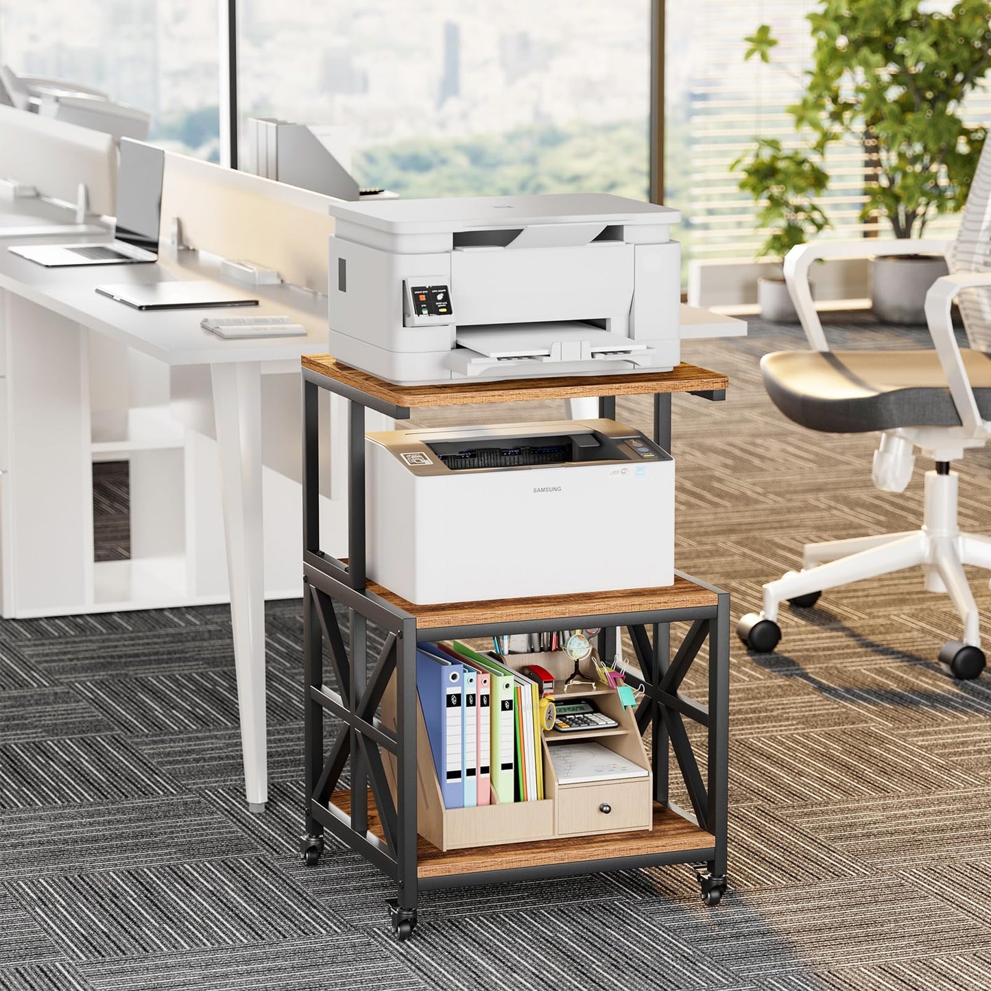 GreenForest Printer Stand with Lockable Wheels, Heavy Duty Printer Table with 3-Tier Storage Shelf for Home Office, Mobile Printer Cart for Small Spaces, 19.7"x17.7", Walnut