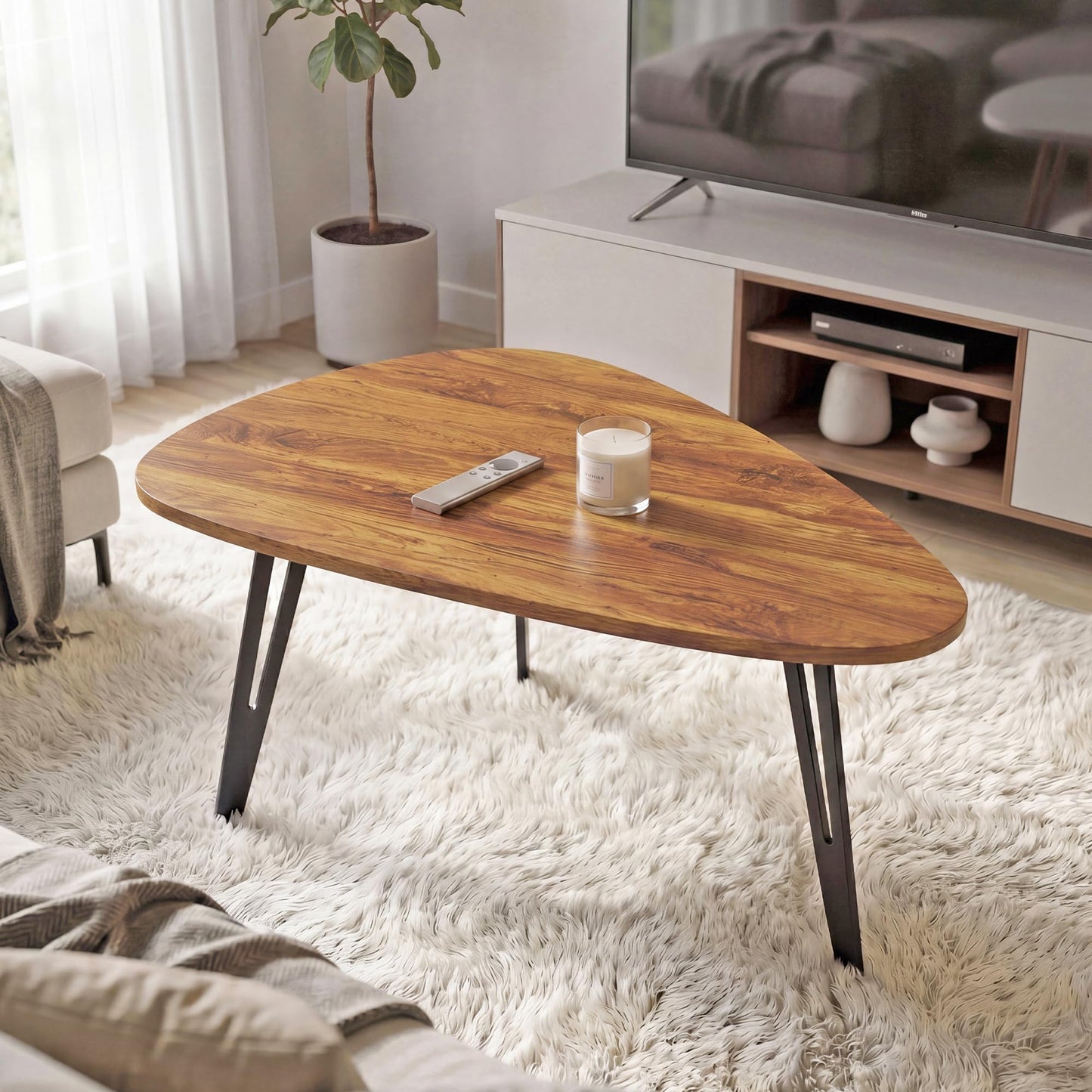 MWOOD Triangle Coffee Table, 33.5″‌Industial Center Table with Brown Top Surface&Black Metal Leg, Waterproof Dining Table for Living Room, Apartment (Wine Red&Black)