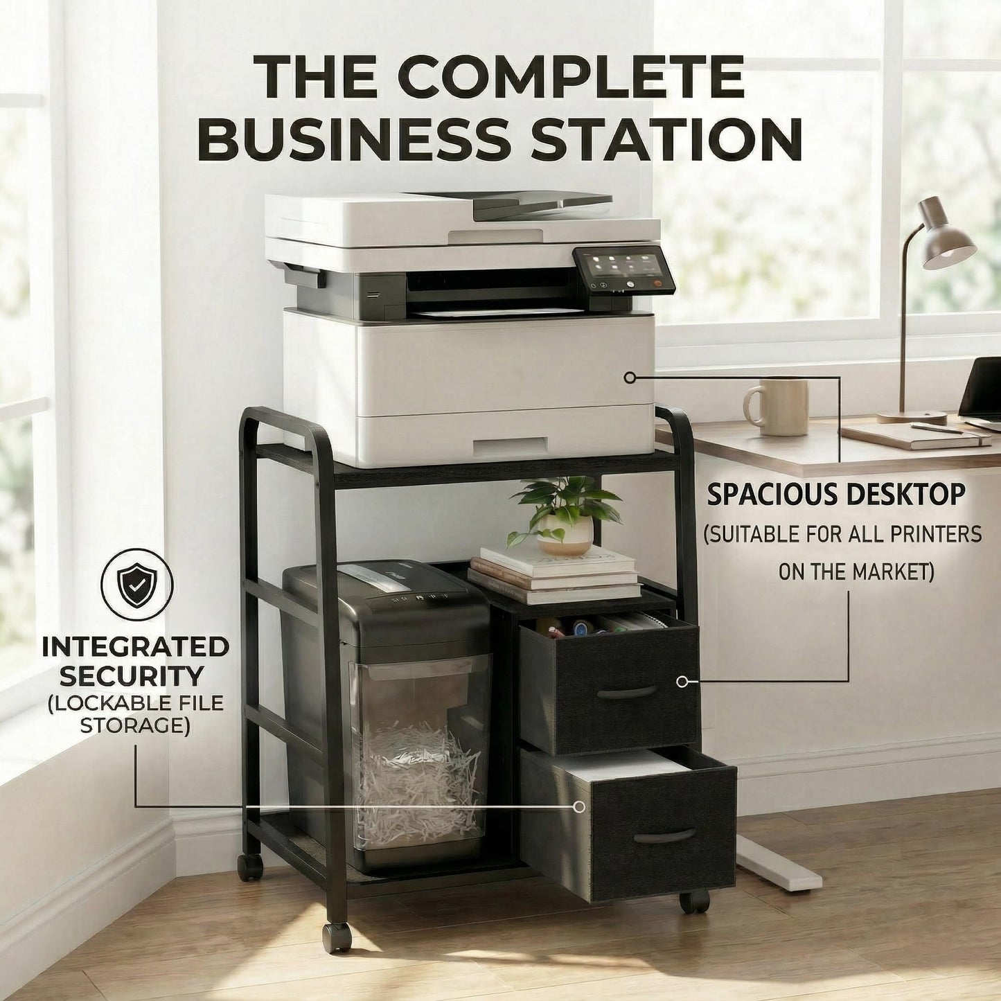 ZEXVIDA Printer Stand Featuring Fabric Drawers, Under Desk Host Computer Cabinet and Shredder Shelf, Heavy Duty Printer Stand with Storage Workstation Organization Printer Table for Home Office