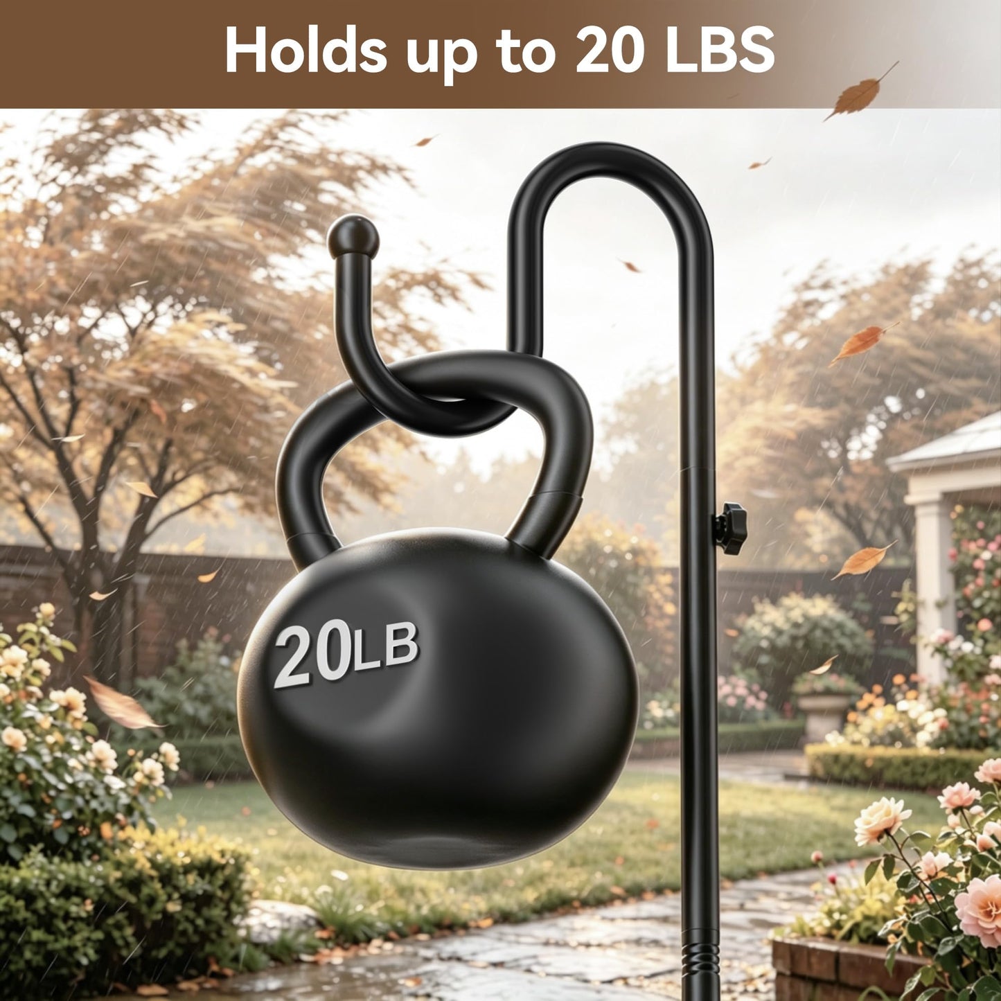 74" Shepherds Hook Stand, Adjustable Wind Chime Stand with Heavy Duty Base, Free Standing Plant Hanger Pole for Bird Feeders, Lanterns, Wreaths & Plants, Indoor Outdoor, Holds Up to 20 LBS, Black