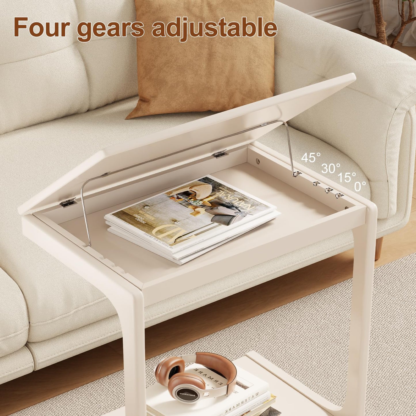AQIMUELE Wooden C-Shaped End Table,Couch Table with Adjustable Desktop,Small Rolling Side Table with 2 Lockable Wheels 23.6" Width,Small End Table for Couch, Living Room,Bedroom (White)