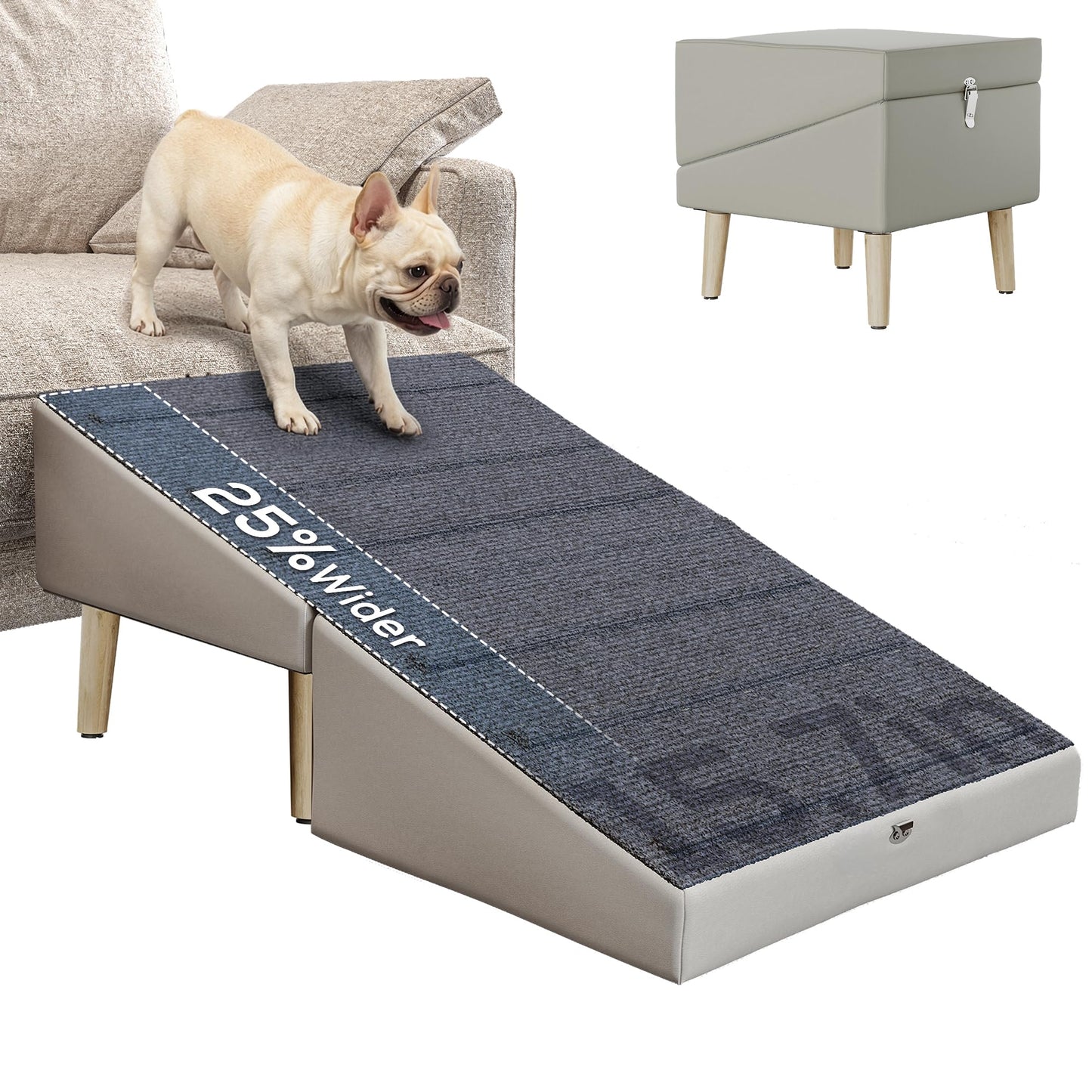 OJCME 2 in 1 Ottoman Dog Ramp with 6 Fabric-Covered Anti-Slip Grip Rails, Paw-Friendly Full Fabric Surface, 15.7 in Wide Stable Folding Pet Ramp Stool for Couch Bed, 4 Leveling Feet, 150 lb Capacity