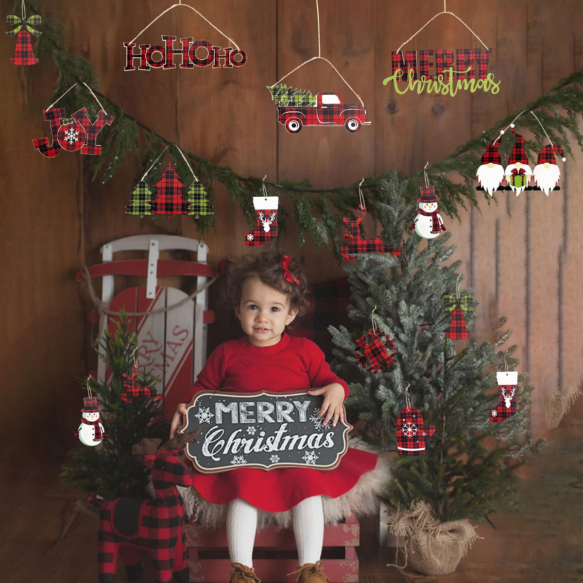 Clearance 18Pcs Christmas Tree Ornaments Buffalo Plaid Merry Christmas Ho Ho Ho Joy Sign Wooden Xmas Red Truck Gnomes Snowflake Snowman Reindeer Bell Sock Glove for Holiday Party Decorations Supplies