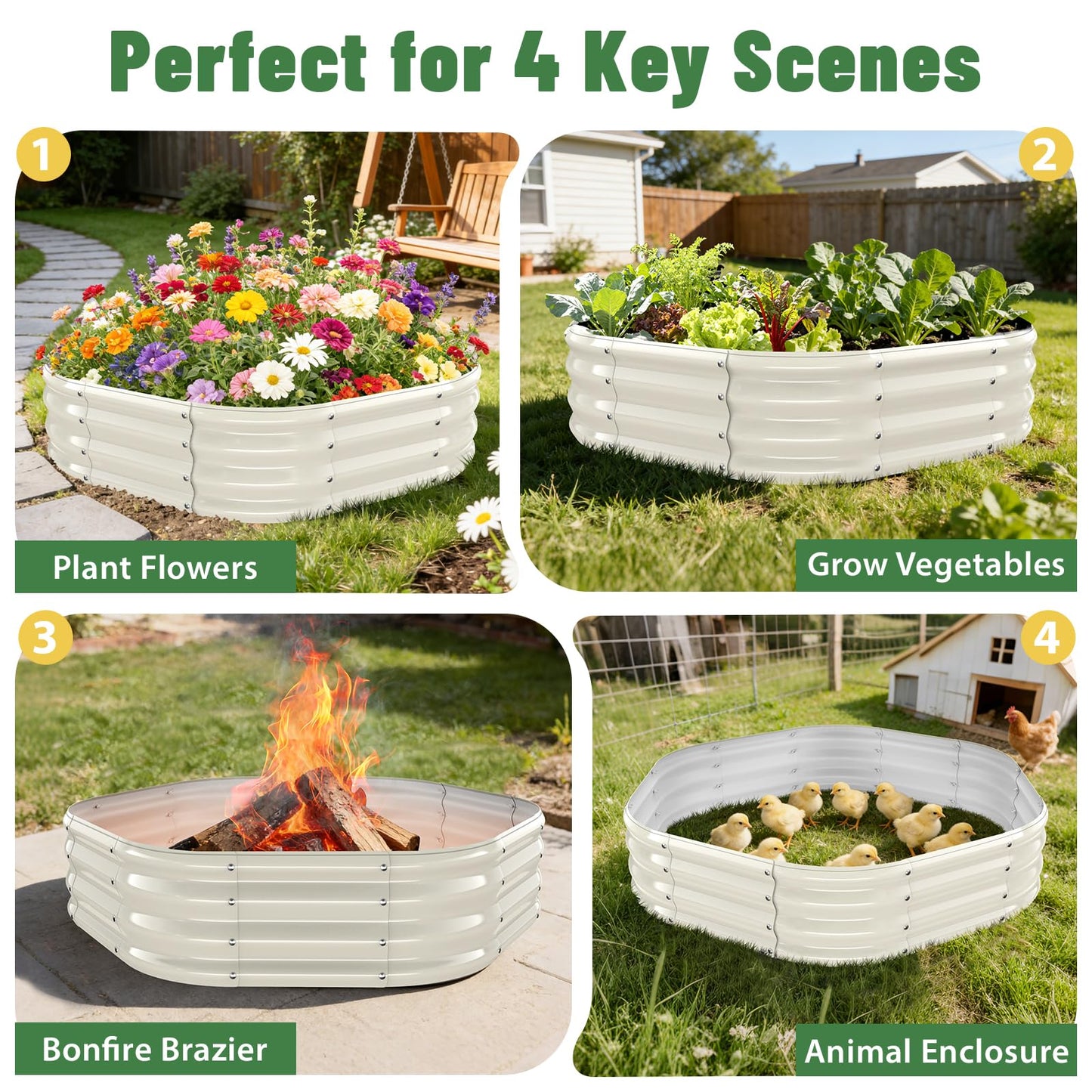 Hexagon Raised Garden Bed, 48 Inch Diagonal & 12 Inch Tall, Galvanized Steel Planter Box with Wave-Shaped Metal Panels for Outdoor Flower,Tree,Herb & Vegetable Garden (Cream white, 4FT X 1FT)
