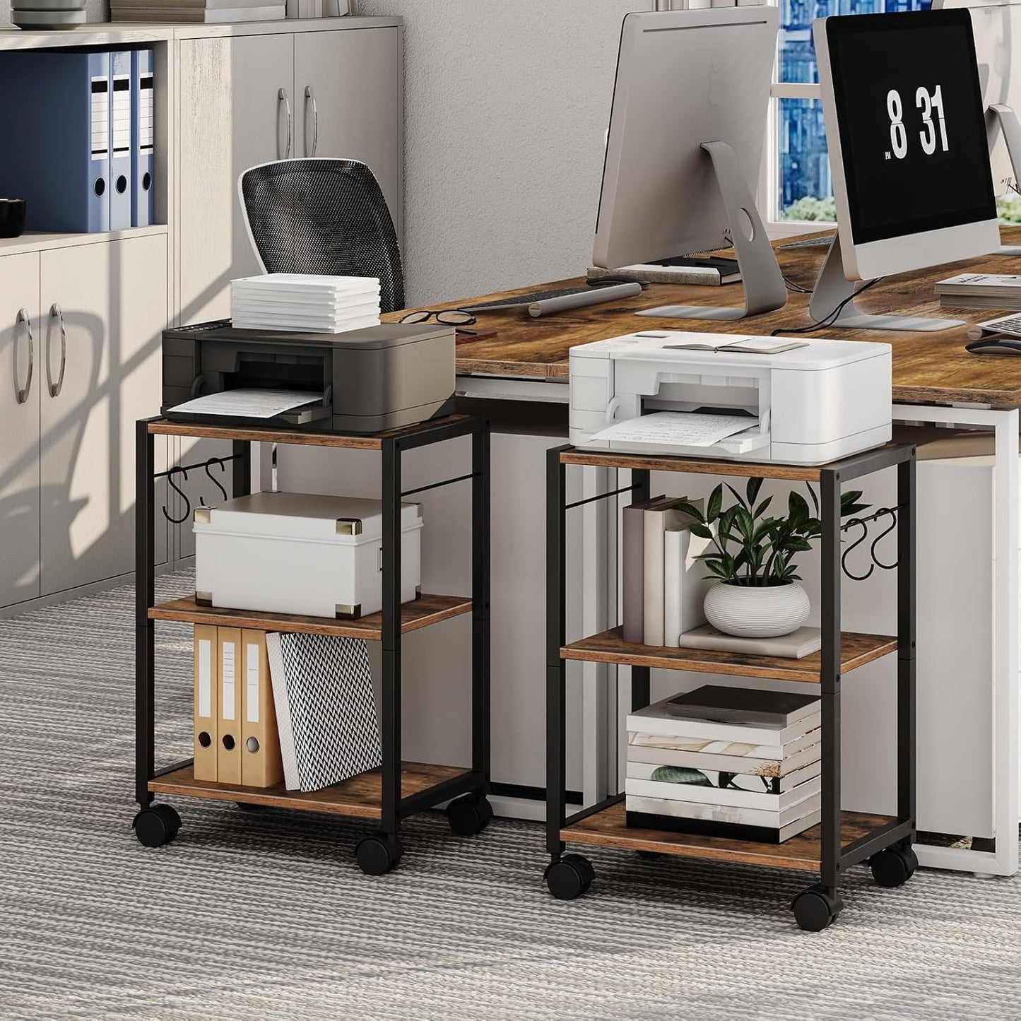 MAHANCRIS Printer Stand, 3-Tier Under Desk Rolling Cart with Storage Shelf, Heavy Duty Printer Table with Wheels for Home and Office, Printer Shelf with 2 Hooks, Small Spaces, Rustic Brown PTHR4001Z