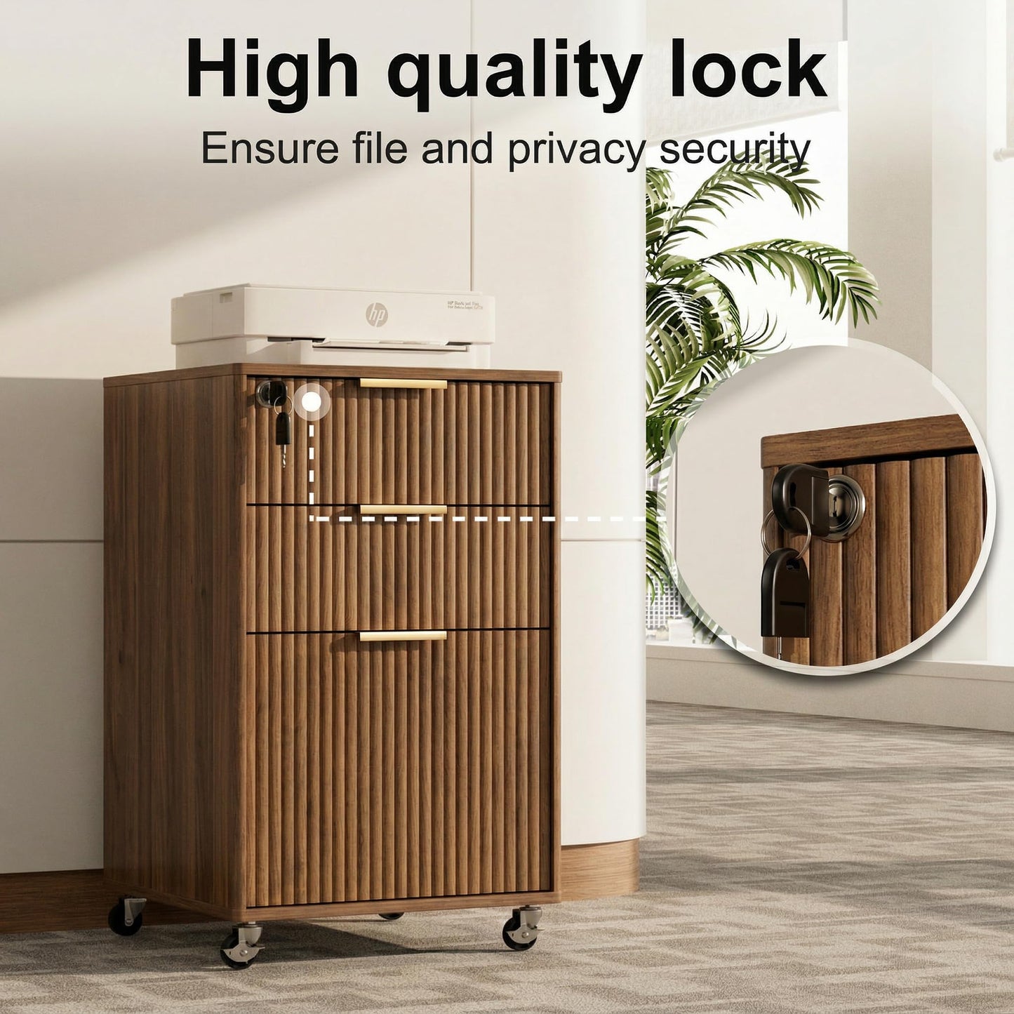 3 Drawers Fluted Mobile File Cabinet with Lock, Rolling File Cabinet Printer Stand Table, Under Desk Wooden Filing Cabinets for Home Office Essentials Storage Organization Furniture Letters/A4(Walnut)
