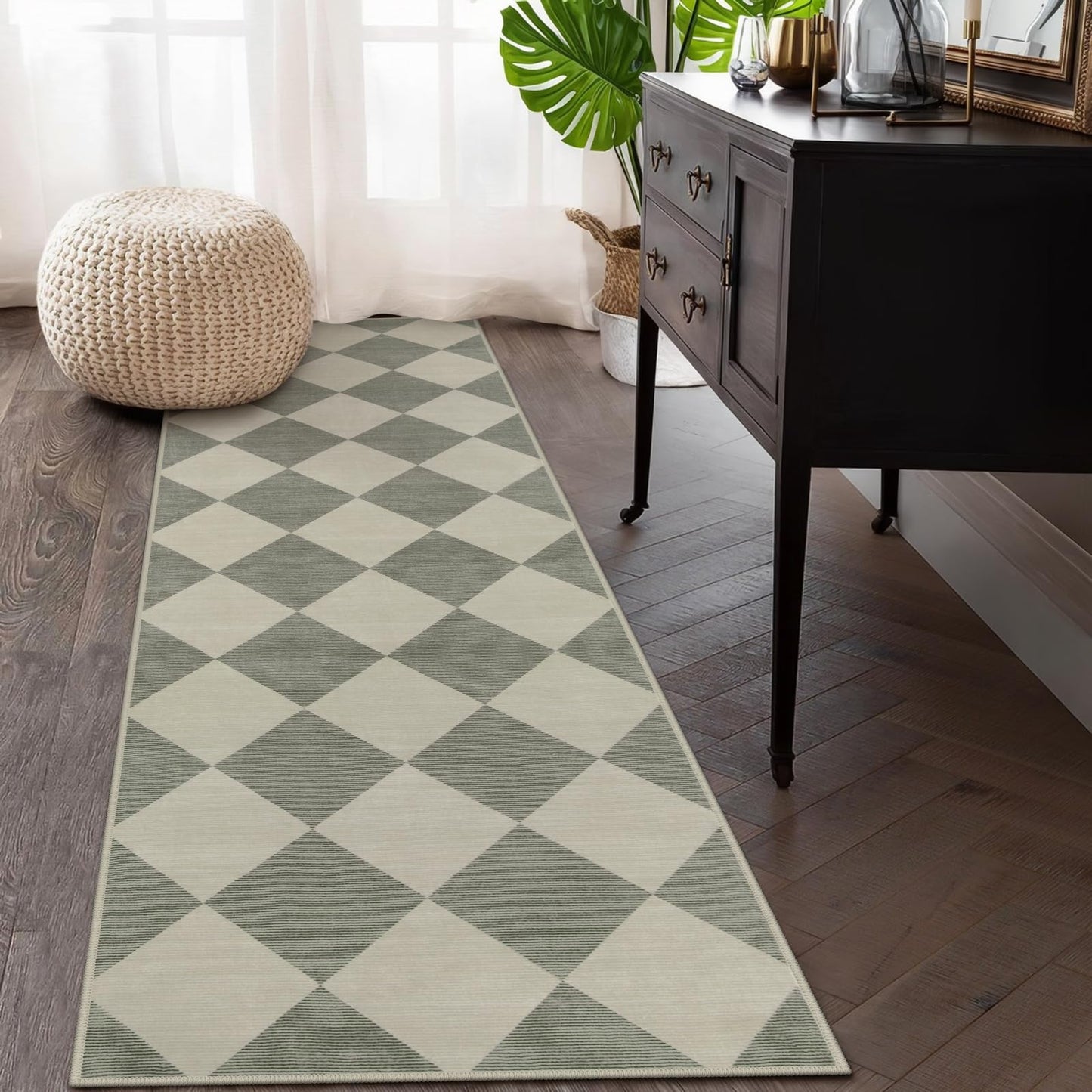 Beeiva Checkered Print Hallway Runner Rug Non Slip, Ultra Thin Washable Kitchen Runner Rug 2x6, Moroccan Neutral Green Soft Floor Carpet for Bedroom Laundry Room, Minimalist Diamond Hallway Decor