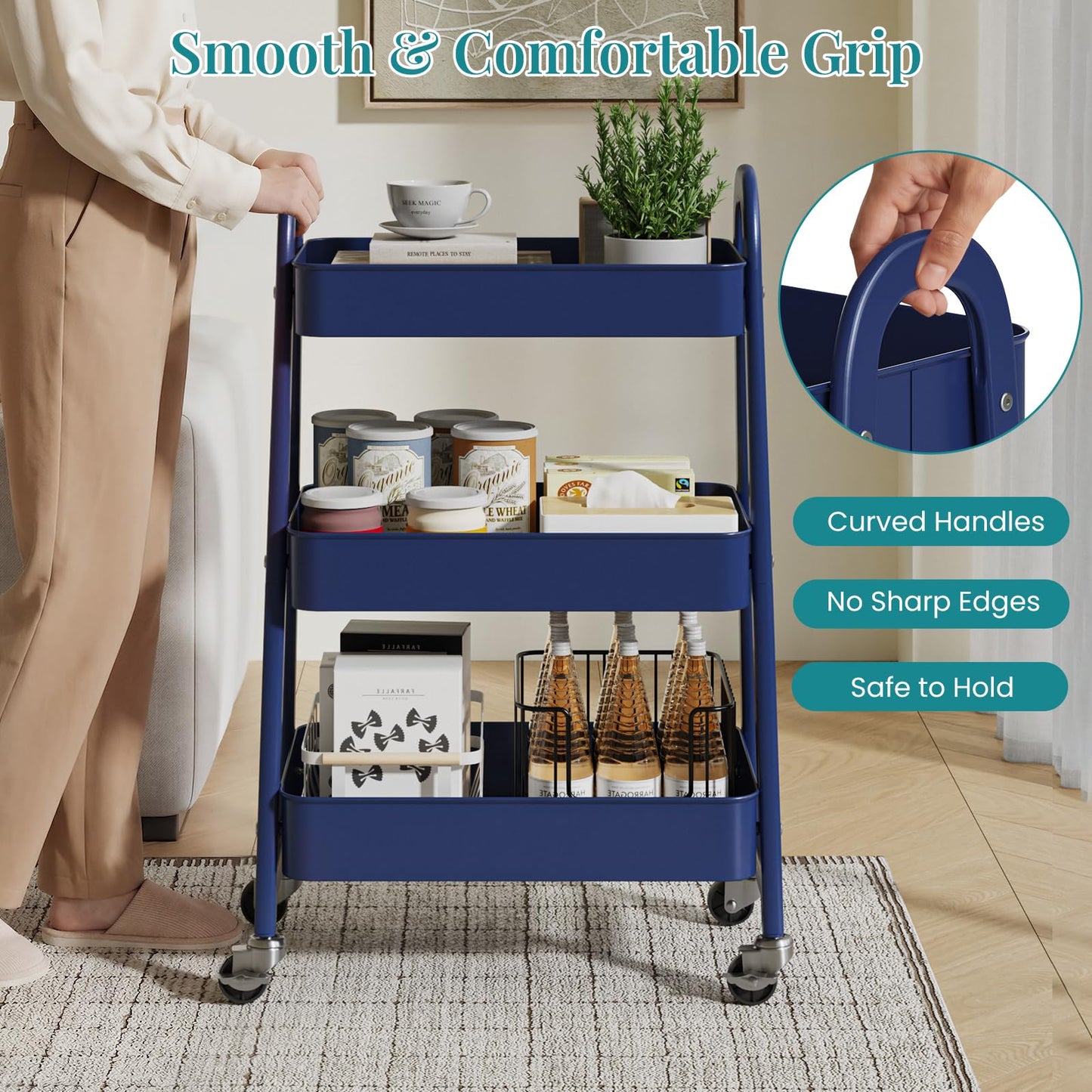 NEWBULIG 3-Tier Metal Rolling Cart with Lockable Wheels, Heavy Duty Mobile Utility Storage Shelf, Roller Book Snack Cart, Organization for Livingroom, Bathroom, Office, Blue