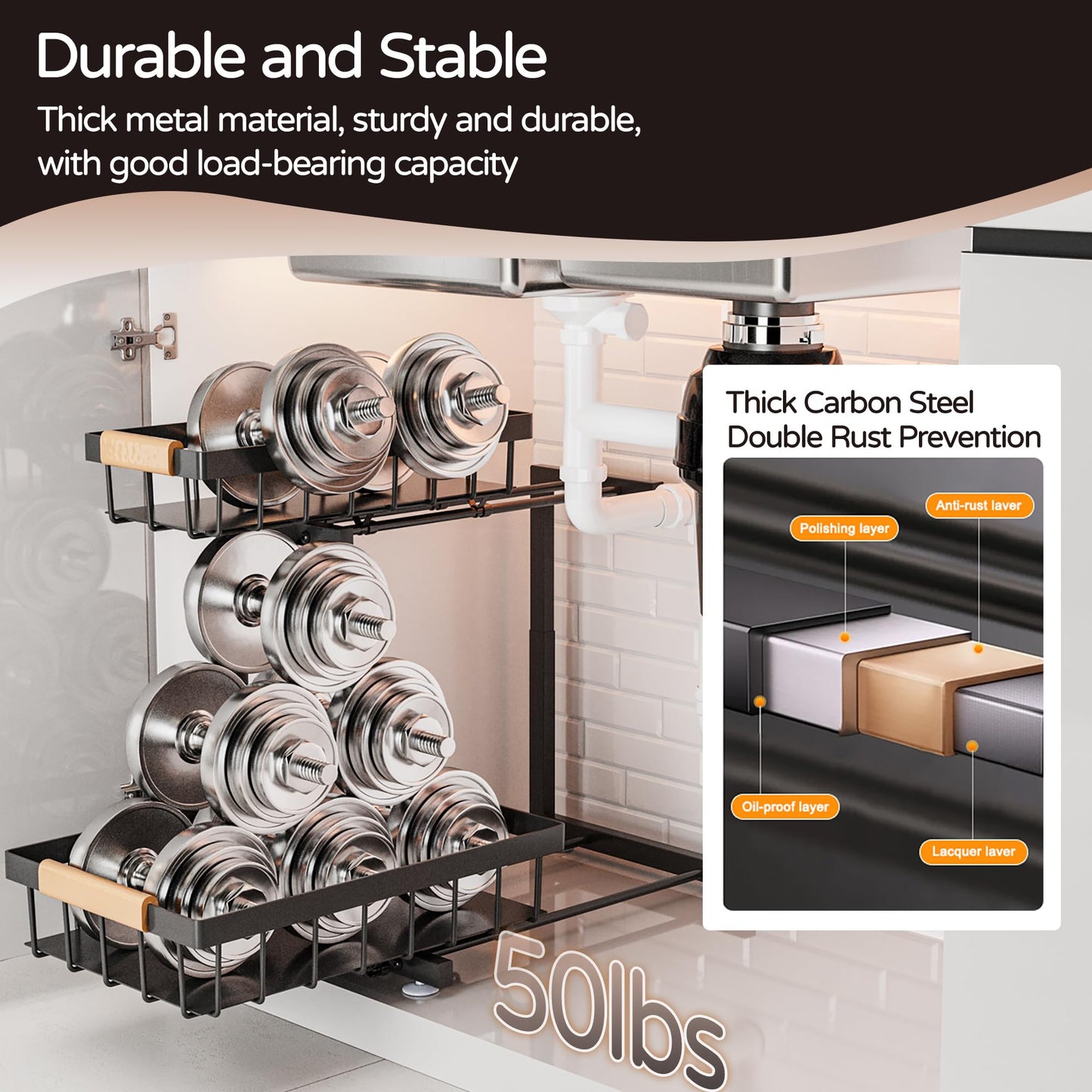 ADBIU Under Sink Organizer, 2 Pack 2 Tier Expandable Height (13.2" - 17.2") Pull out Kitchen Bathroom Cabinet Organizers and Storage Shelf