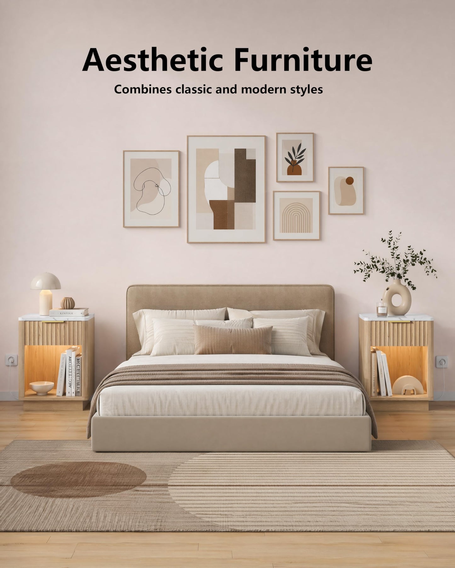 Akxomel Fluted Nightstand, Wooden Night Stand with Charging Station and LED Light, Modern Bedside Table with Drawer and Faux Marble Top, 15" D x 15.7" W x 22.6" H, for Bedroom, Natural Oak and White