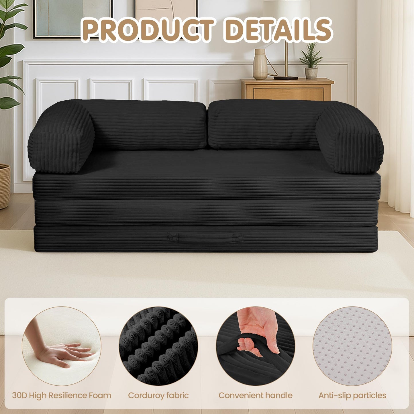 5-in-1 Convertible Sofa Bed,54" Boneless Couch Tri Folding Floor Mattress with Removable L-Shaped Armrests & Handle,Corduroy Futon Couch Sleeper with Pull Out Bed for Living Room Bedroom Apartment