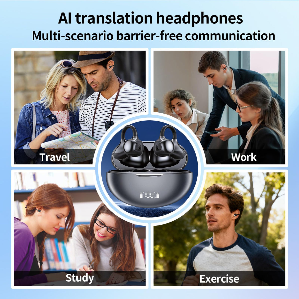 Jrrese AI Translation Earbuds Real Time, 164 Languages 80H Playtime Translator Ear Buds Audifonos Traductores Inglés Español Wireless Earphone Bluetooth AI Headphone for Travel Meeting Learning
