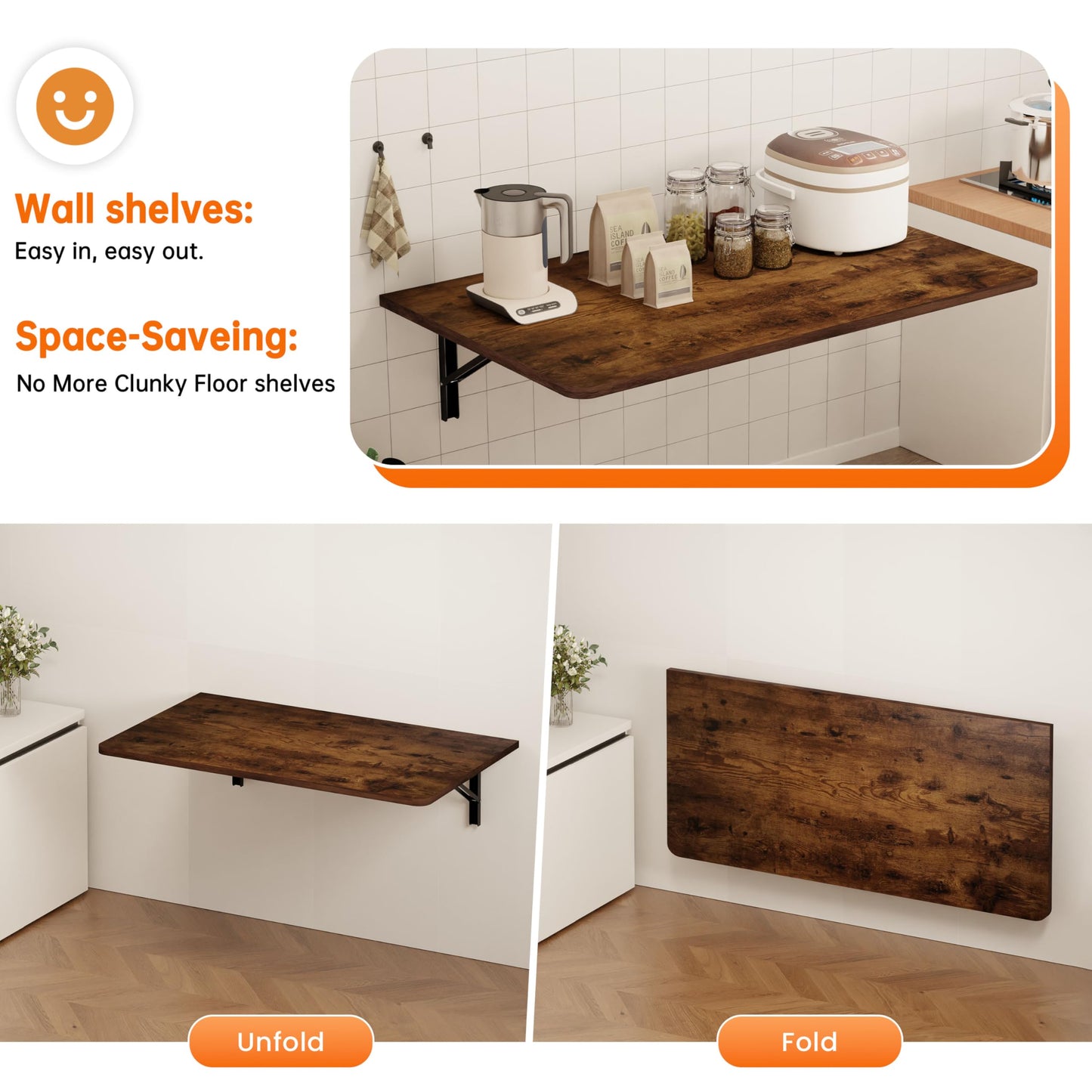 IAE Wall Mounted Floating Foldable Desk, 36" x 22" Folding Computer Workstation Table with Engineered Wood and Metal Shelf Brackets,Fold&Floating Design for Home Office, Apartment,Laundry Room,Rustic