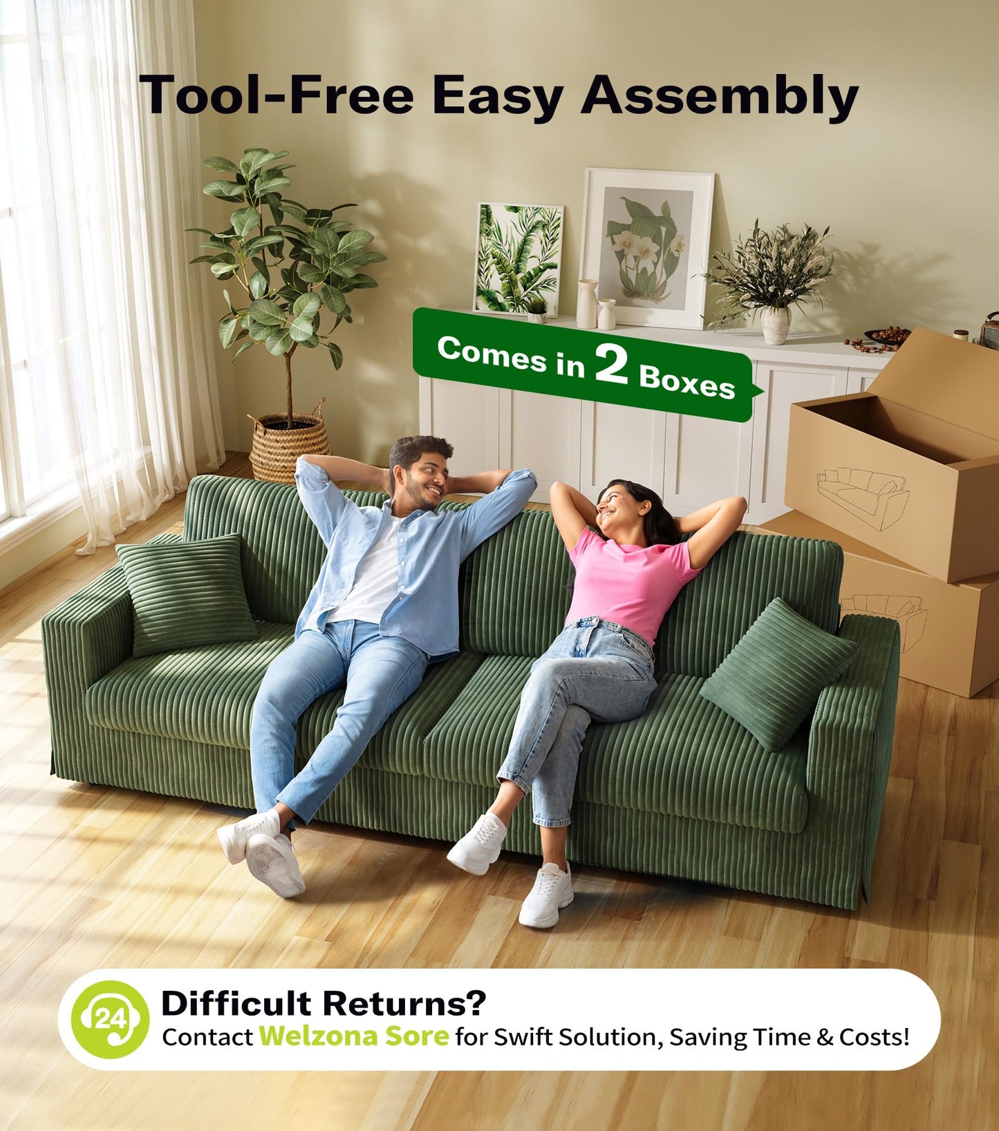 Welzona Plush Corduroy Couch, 101" Comfy Couches for Living Room, Tool-Free Setup Sofas for Living Room 6.3" Extra Wide Armrest, All-Wood Loveseat Sofa Couch for Bedroom/Office, 2 Pillows, Green