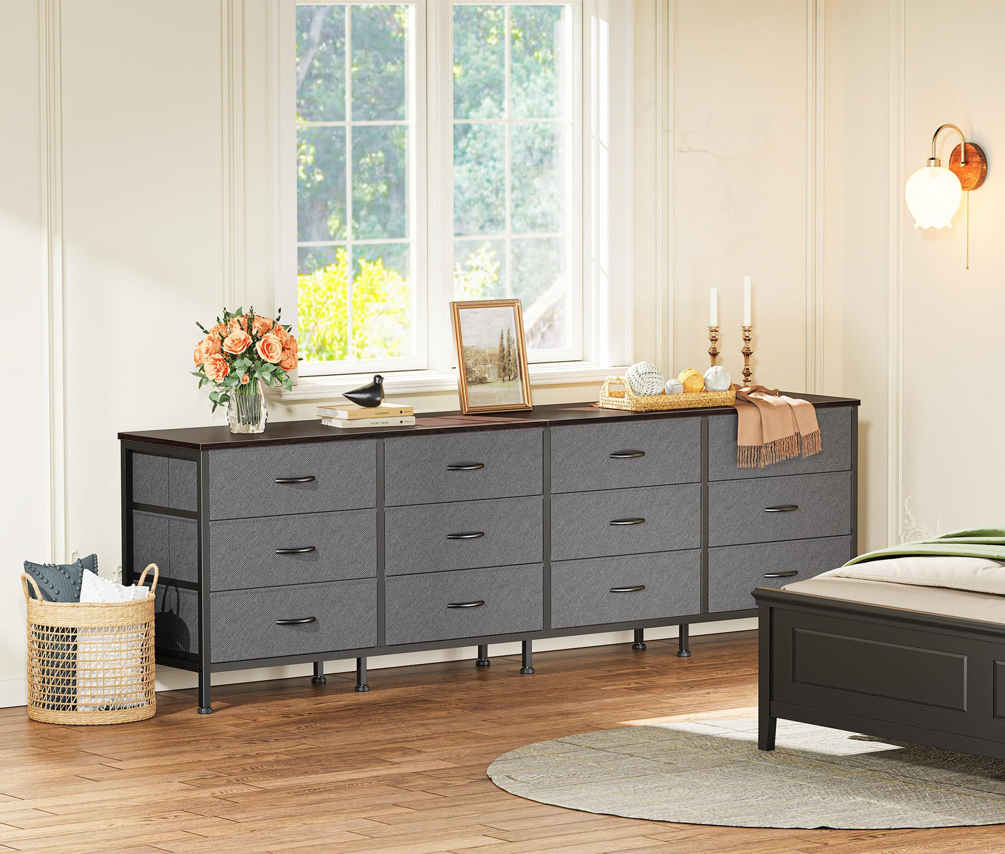 Huuger 70 Inch Dresser for Bedroom, TV Stand for 65, 75, 80 Inch TV, 12 Drawer Long Dresser, Large Storage Organizer Unit, Wide Chest of Drawer with Storage, Fabric Drawer for Living Room, Dark Grey