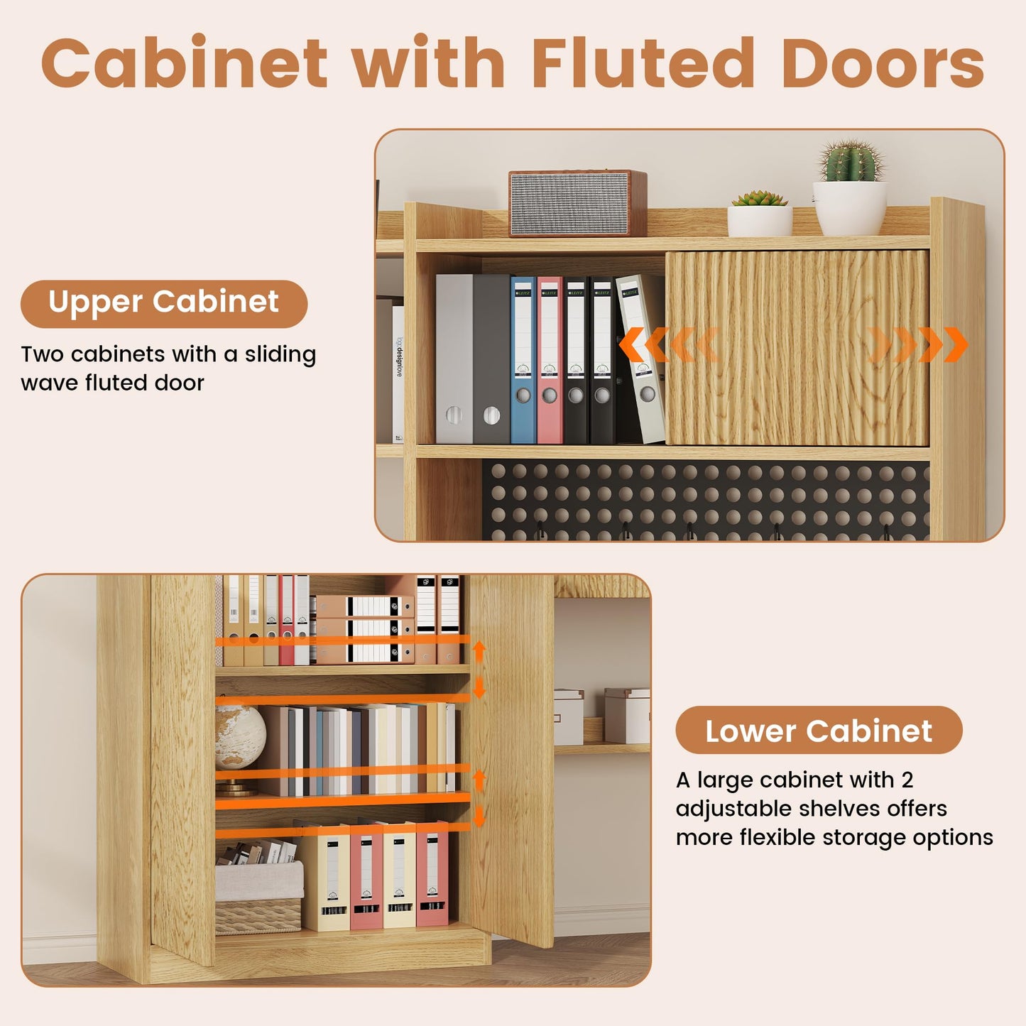 kepptory 63" Tall Computer Desk with Hutch, Fluted Wood Home Office Desk with Charging Station, Drawer & Storage Cabinet, Oak Workstation for Work & Study