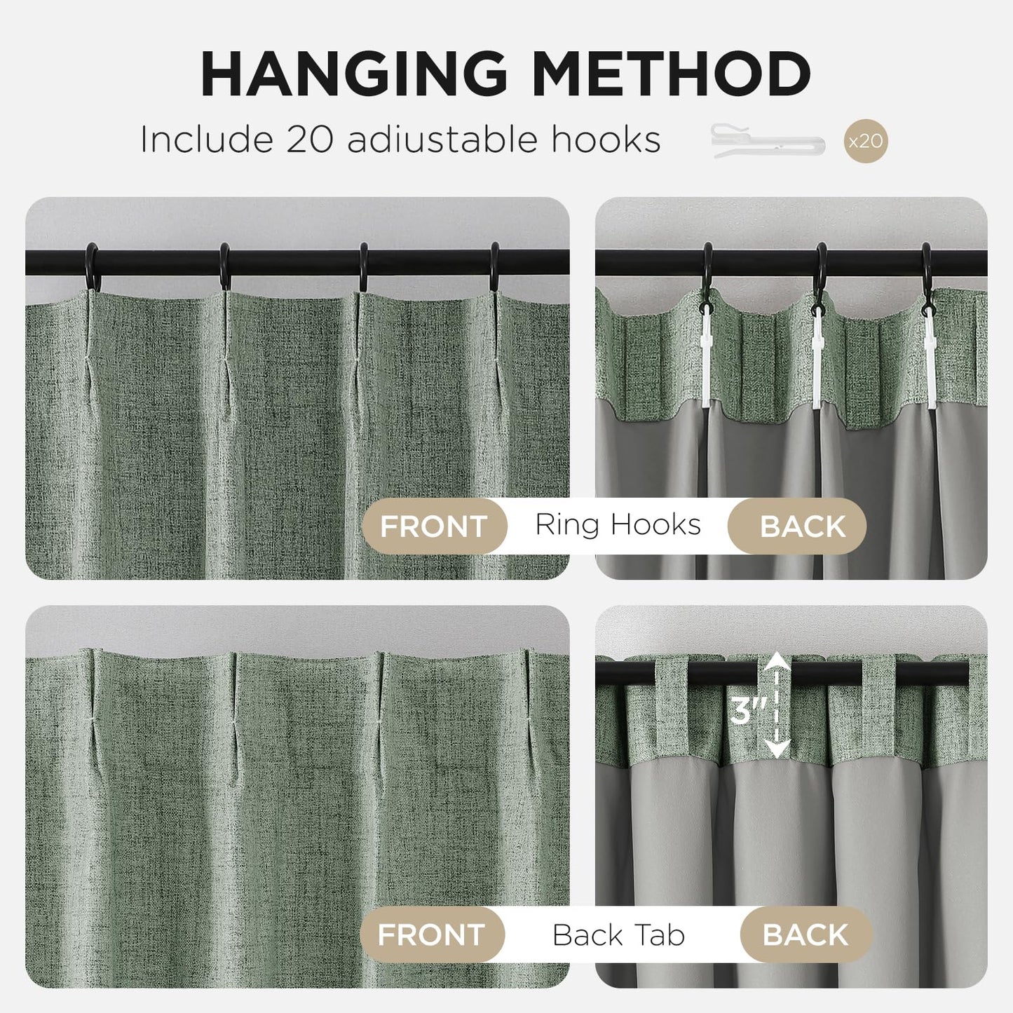 Joydeco Pinch Pleated Curtains - 100% Blackout for Bedroom, Sage Green Linen Curtains 40" W x 90" L, Thermal Insulated 2 Panels Light Blocking Drapes, Back Tabs for Living Room