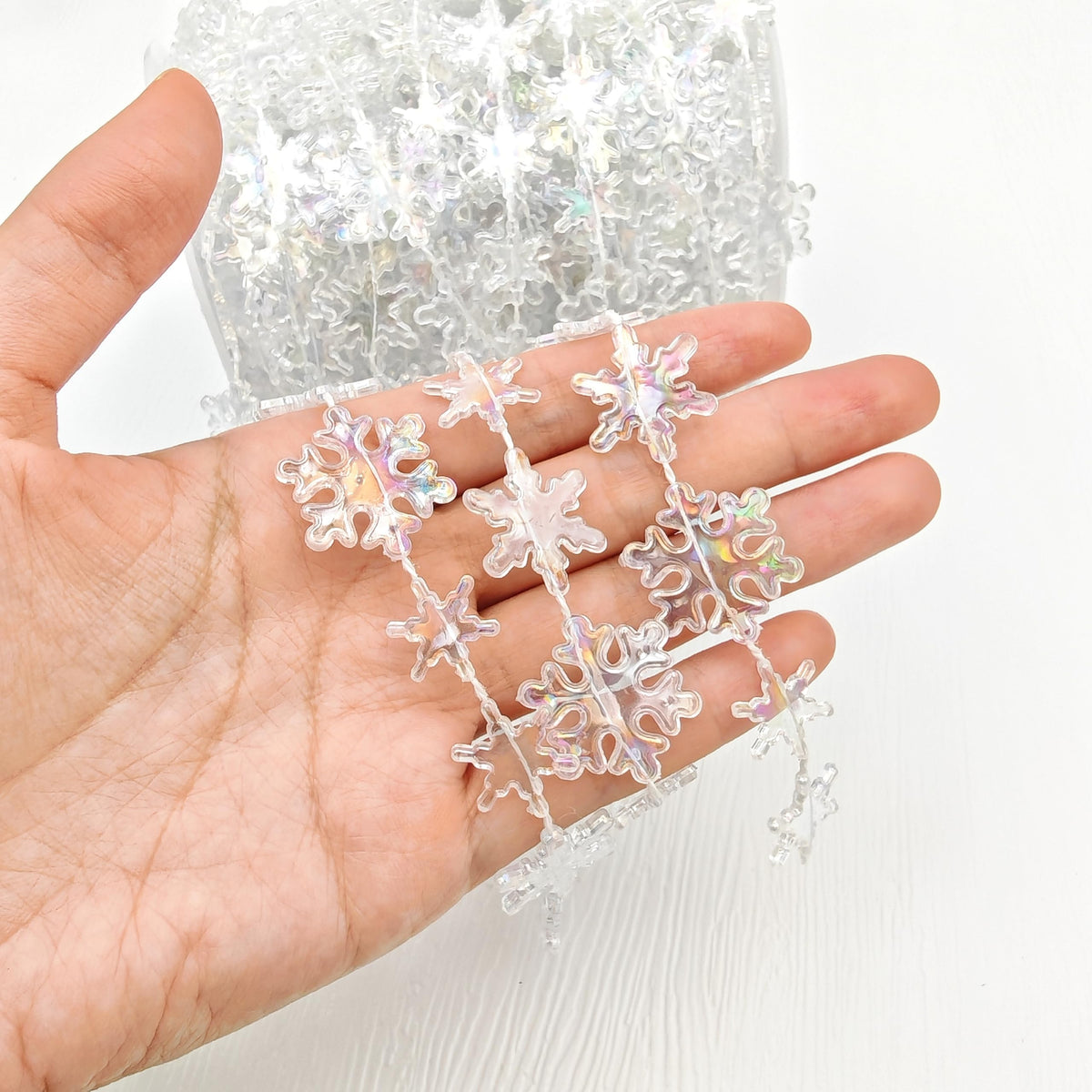 62FT Crystal Beads Strands Acrylic Iridescent Garland for Christmas Tree Decorations DIY Crafts (62FT Iridescent Snowflake)