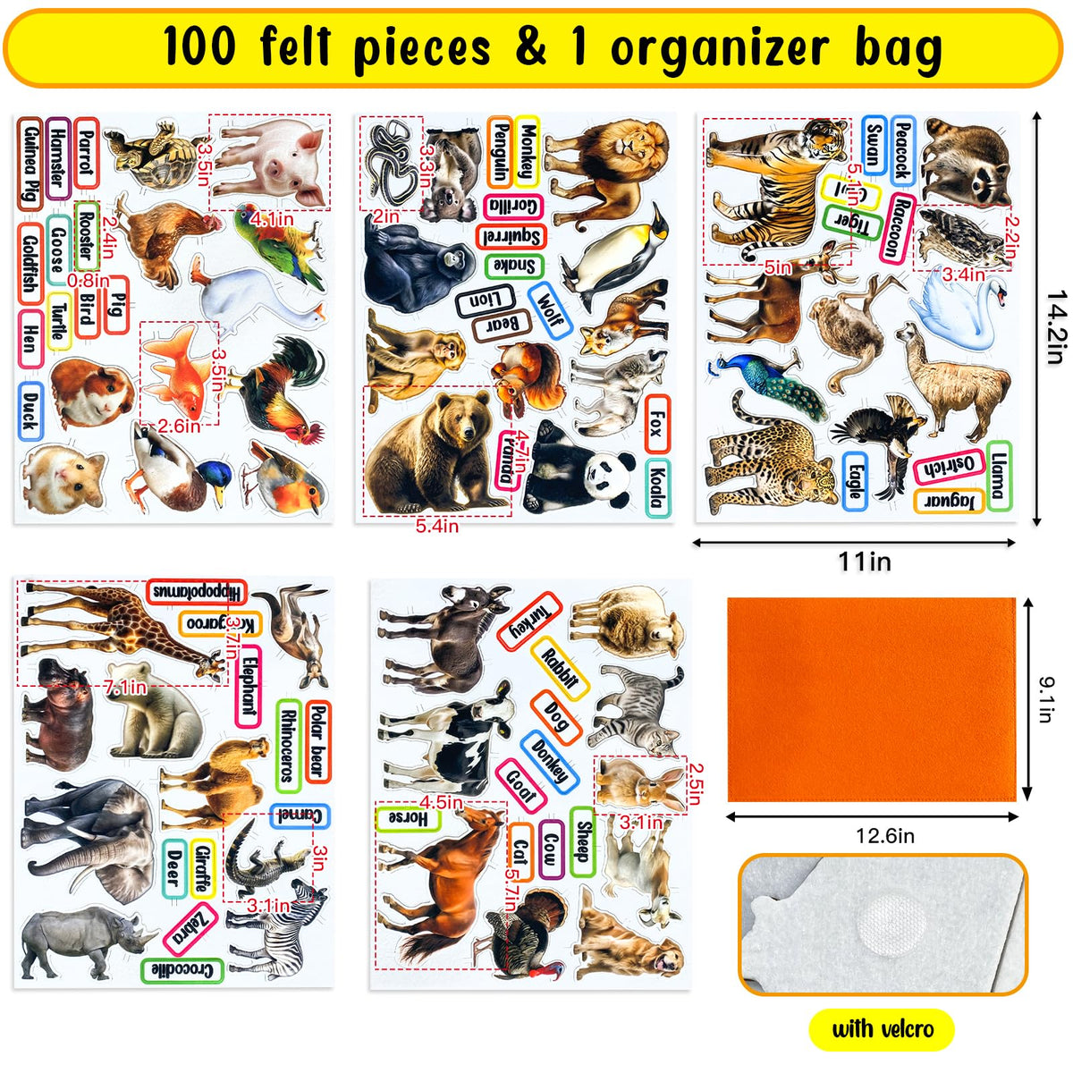PENGFULL Felt Animals Learning Pieces,50 Wild and Farm Animal with Word Pieces for Felt Flannel Board, Montessori and Sensory Toys for 3-8 Toddlers for Kindergarten,Preschool,Toddlers