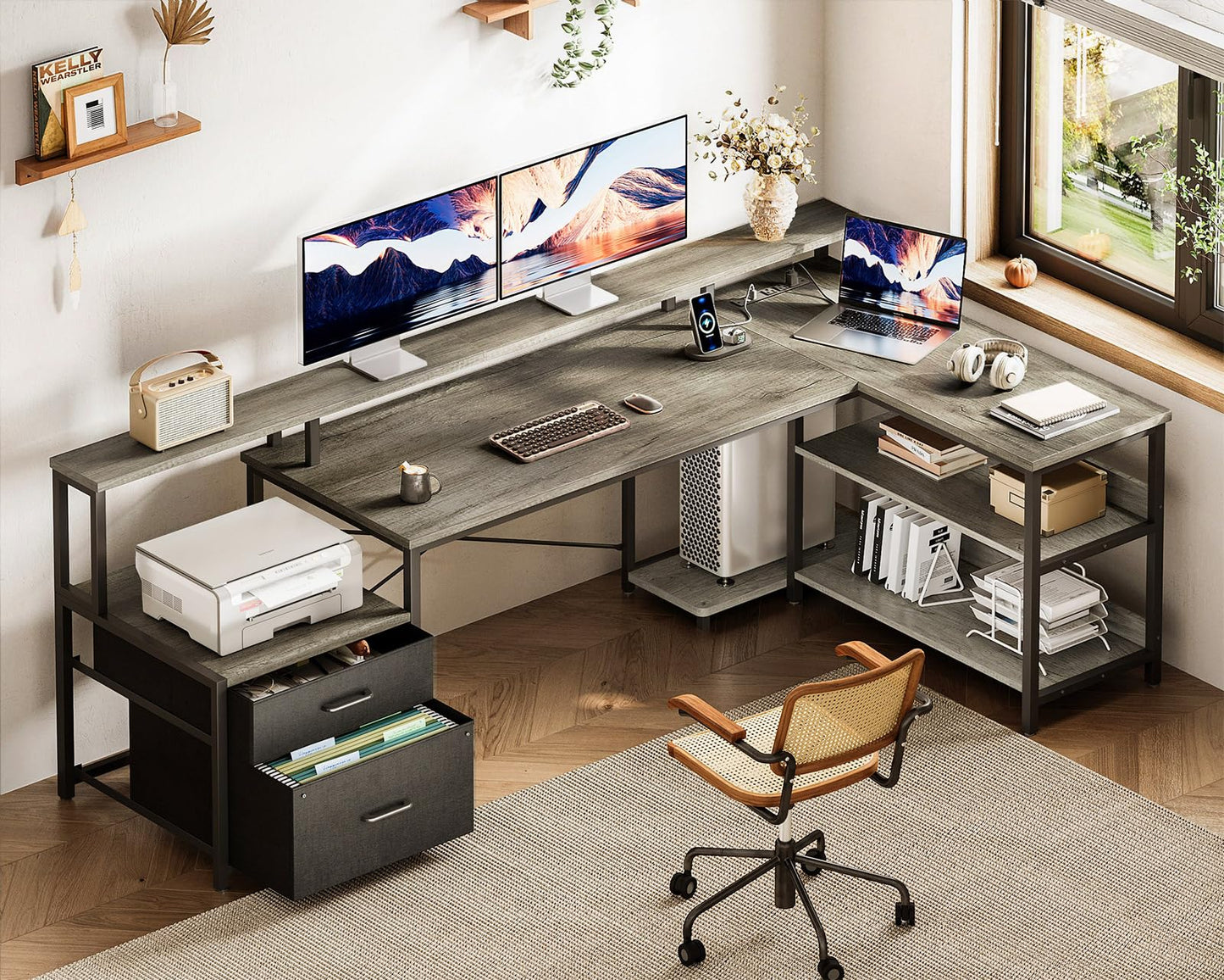 ODK 75" L Shaped Desk with File Drawers, Work from Home Office Desk with Power Outlet, Reversible Computer Desk with Storage Shelves, Gaming Desk with Monitor Shelf, Corner WFM Table, Grey Oak