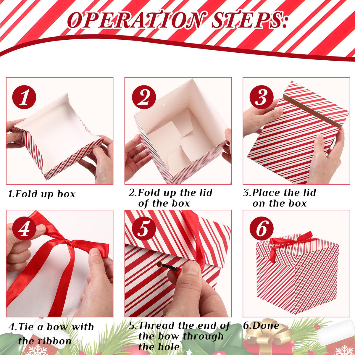 TecUnite 3 Pcs Christmas Nesting Gift Boxes Candy Cane Striped Christmas Stackable Boxes Decorative with Lids for Present Wrapping Xmas New Year Holiday Party Decor(Red White Stripe)