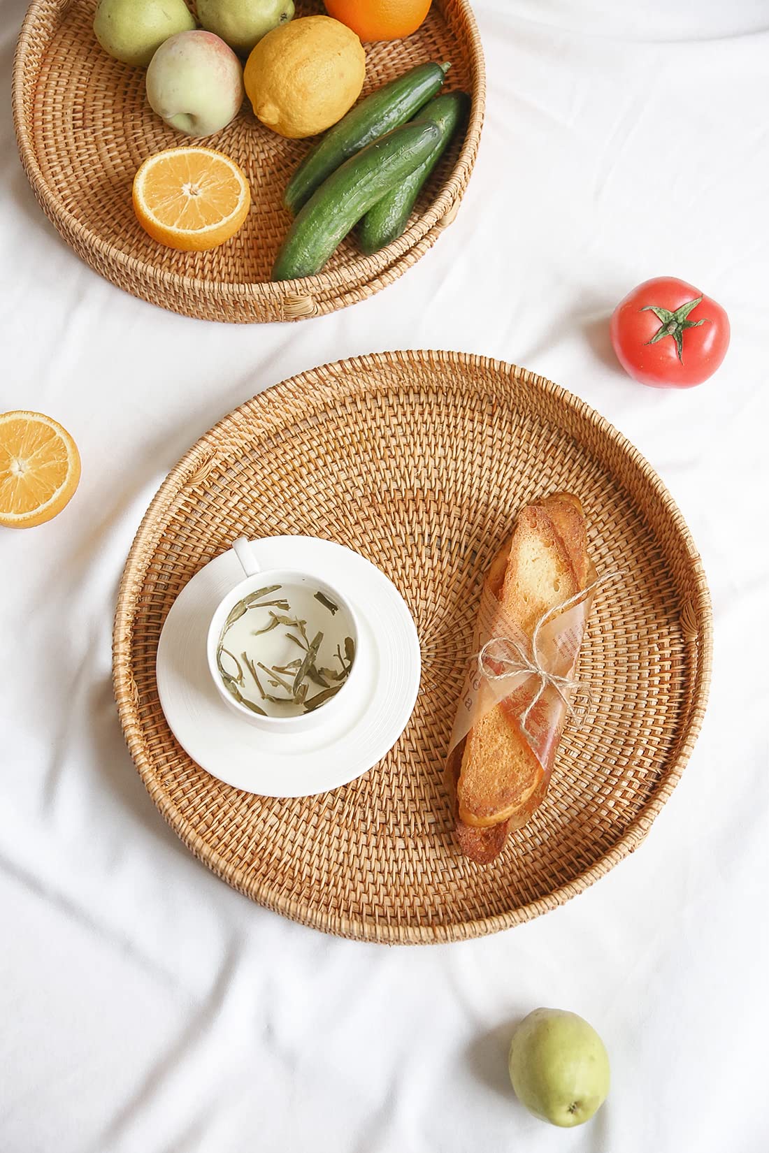 HITOMEN 14.2" Hand-Woven Round Rattan Serving Tray Decorative Ottoman Wicker Platter with Handles for Coffee Table, Breakfast, Drinks, Snack, Bread, Fruit, Vegetables (Natural-L)