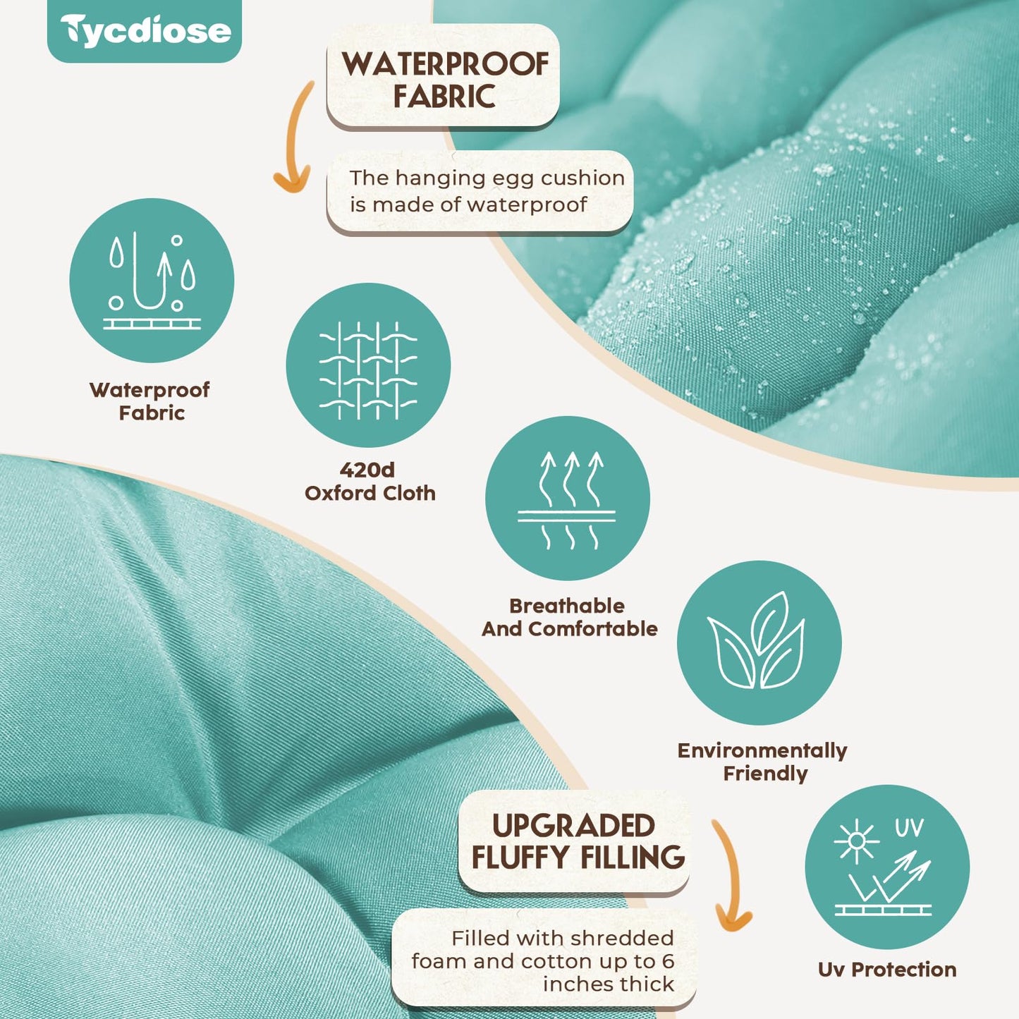 Tycdiose Outdoor Hanging Egg Chair Cushion Replacement, Thicken Egg Chair Cushion Waterproof Basket Eggs Chairs Cushion with Headrest Pillow, U-Shaped Cushions for Hanging Eggs Chairs Swing (Teal)