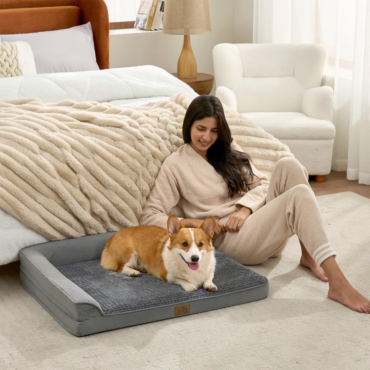 COZY KISS Orthopedic Dog Bed for Medium Small Size Dog, Dogs Crate Bed, L Shaped Foam Anti-Slip Bottom Pet Cat Sofa with Washable Removable Cover, Suitable for Pet Up to 40 lbs, 30x20x6.5 inch, Grey
