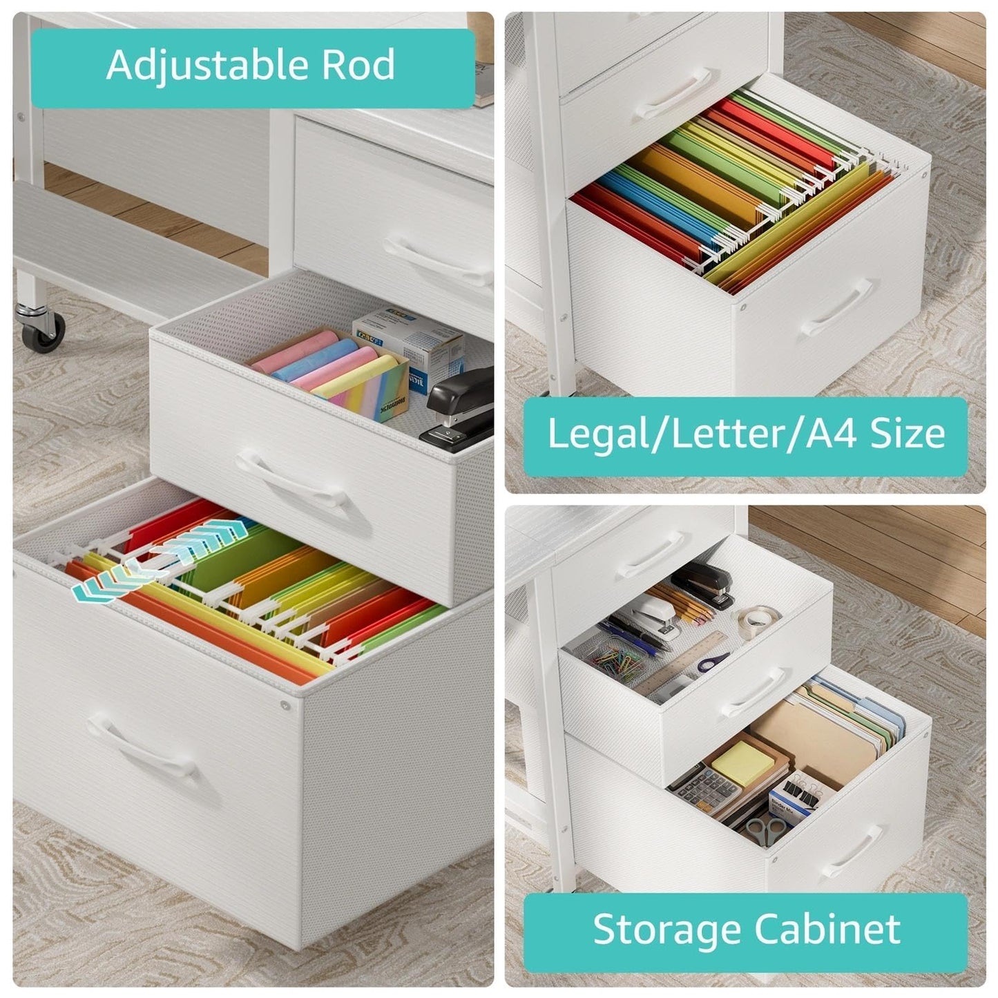 WINAZ Rolling Teacher Desk with File Drawers - 47 Inch Mobile Computer Desk with Privacy Panels & 3 Storage Drawers on Wheels, White Office Desks Workstation for Classroom & Home Office