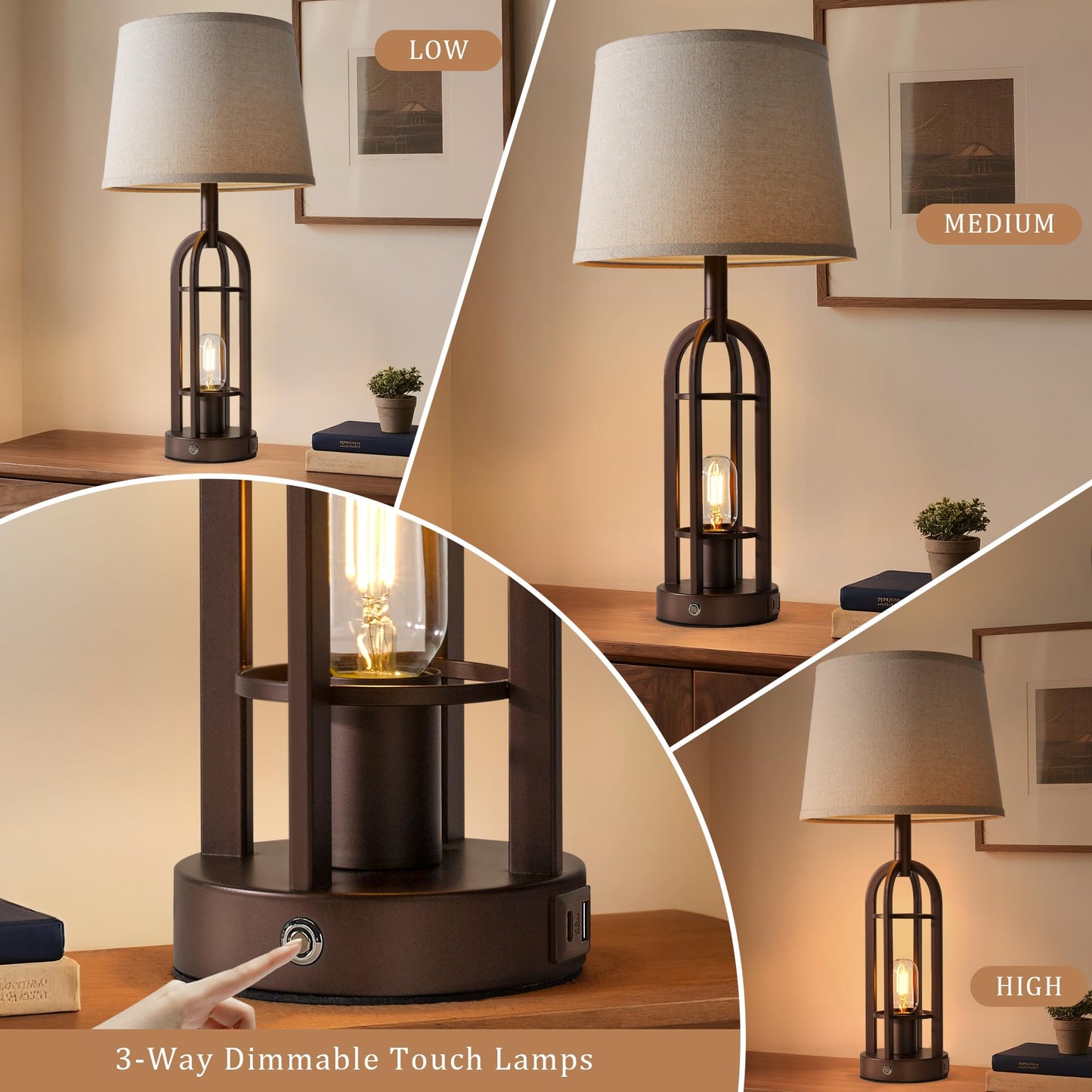 SRJJA 24" Table Lamps for Living Room Set of 2, Rustic Farmhouse 3-Way Dimmable Touch Industrial Bedside Lamps with USB A+C for Bedroom Nightstand，4 Bulbs Included