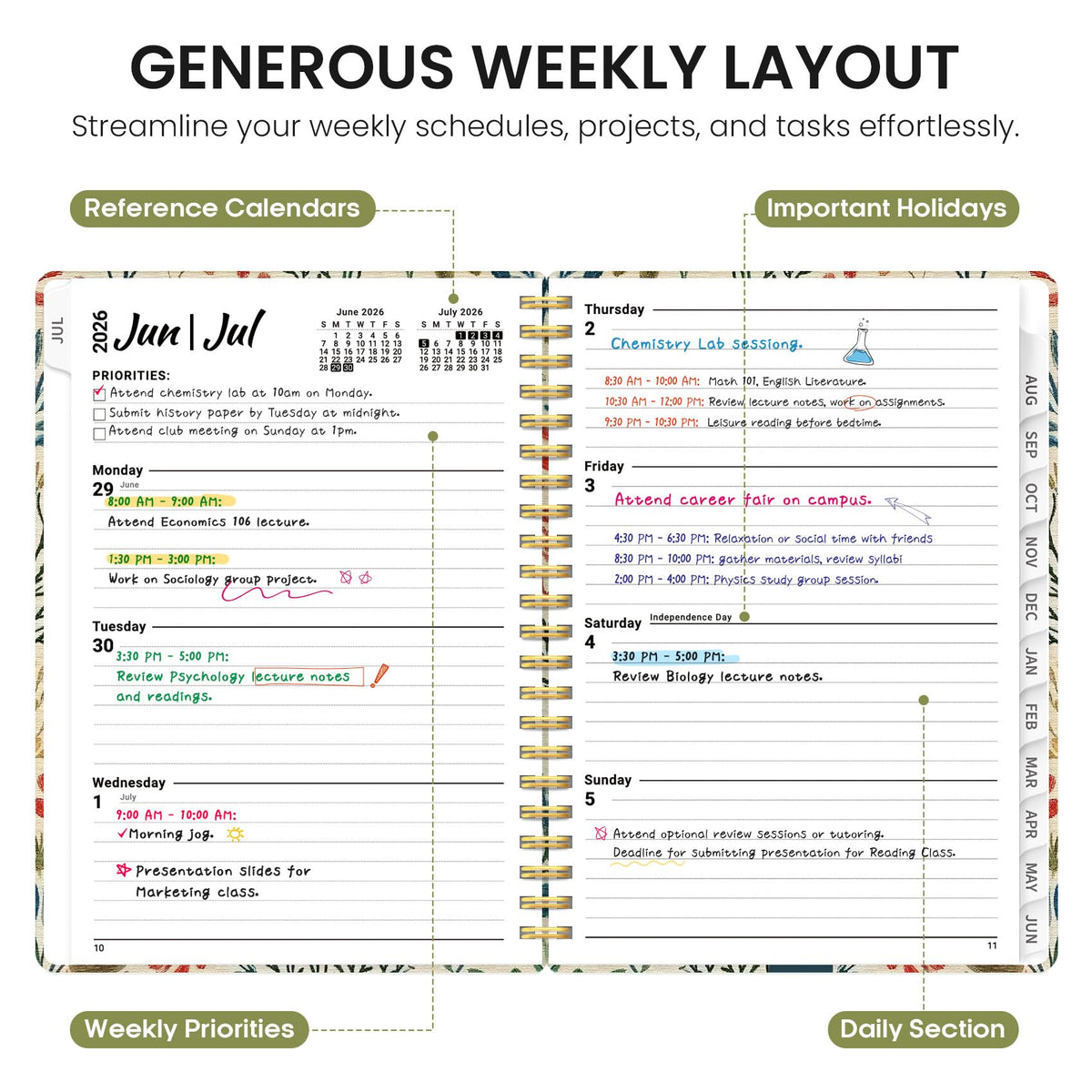 Planner 2026-2027, Academic Year Weekly and Monthly Calender Planner, from Jul 2026 - Jun 2027, Spiral Bound School Planning Book, Perfect for Teacher, Student, Women & Men, A4 (8.5" x 11"), Herbs