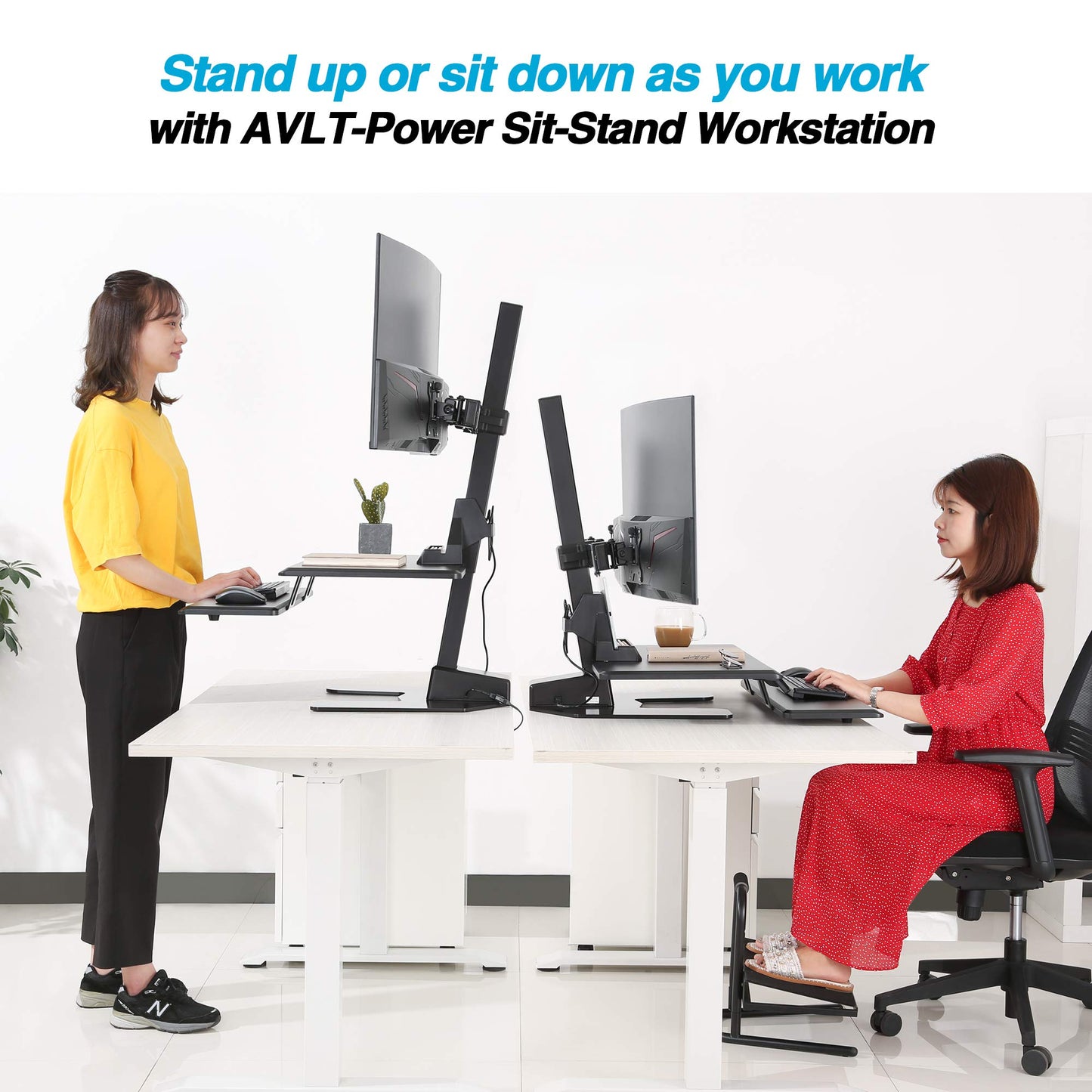 AVLT Electric Standing Desk Converter for Dual 32" Monitors, Motorized Sit to Stand Riser with 28"x16" Tabletop, Large Keyboard Tray, Height Adjustable, Sturdy Base, Small Footprint