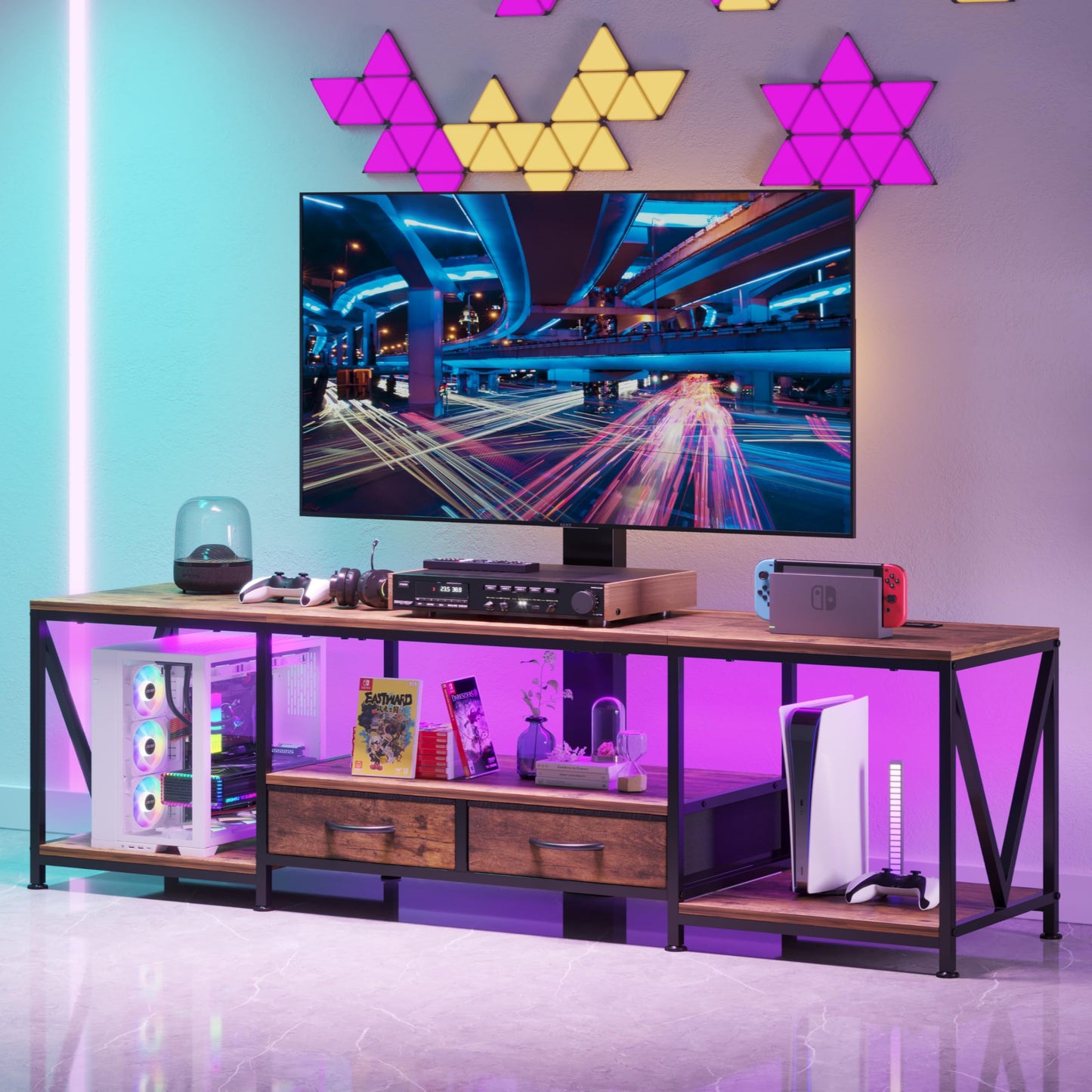 NinPeen 63" W TV Stand with Mount for 55,65,75" TV,Entertainment Center with Power Outlet&Led Lights,Height Adjustable TV Console Table with Open Storage Shelves&Fabric Drawers (Rustic Brown, 63“W)
