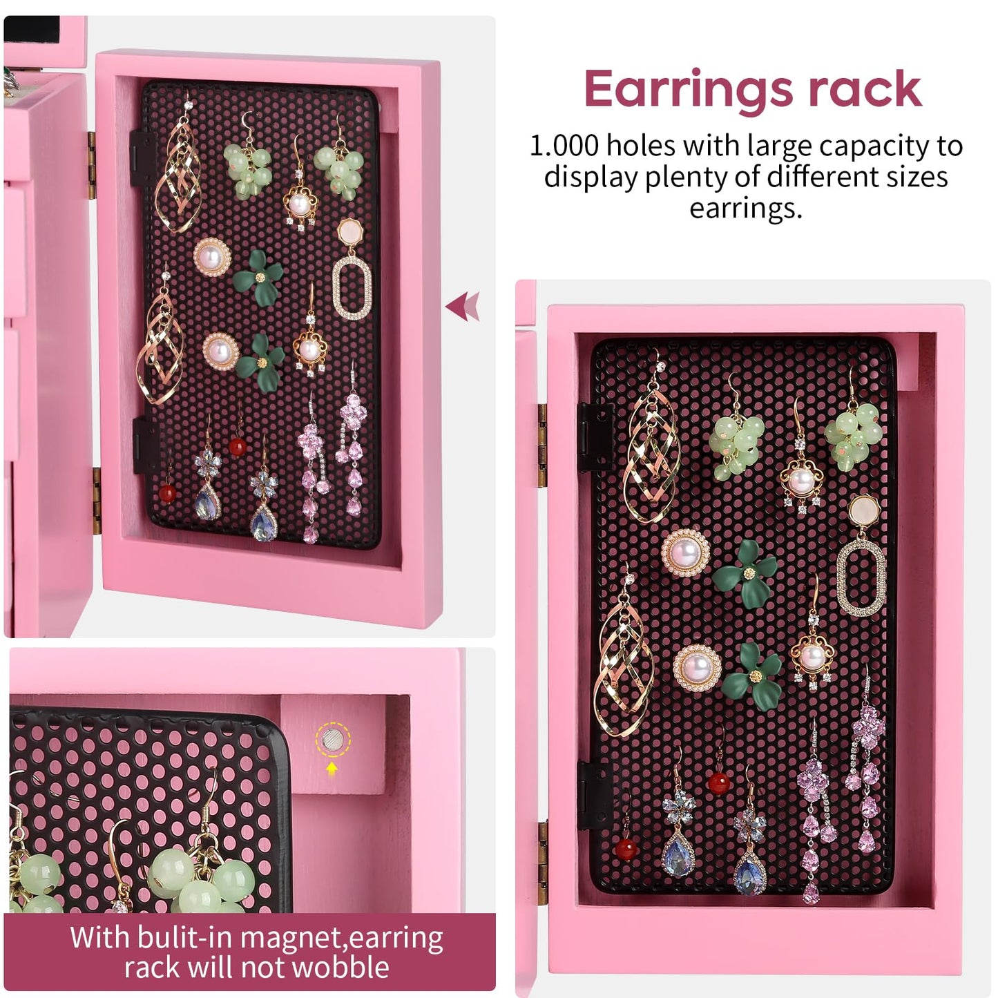 Meangood Jewelry Box Wood for Wowen, 5-Layer Large Organizer Box with Mirror & 4 Drawers for Rings, Earrings, Necklaces, Pink