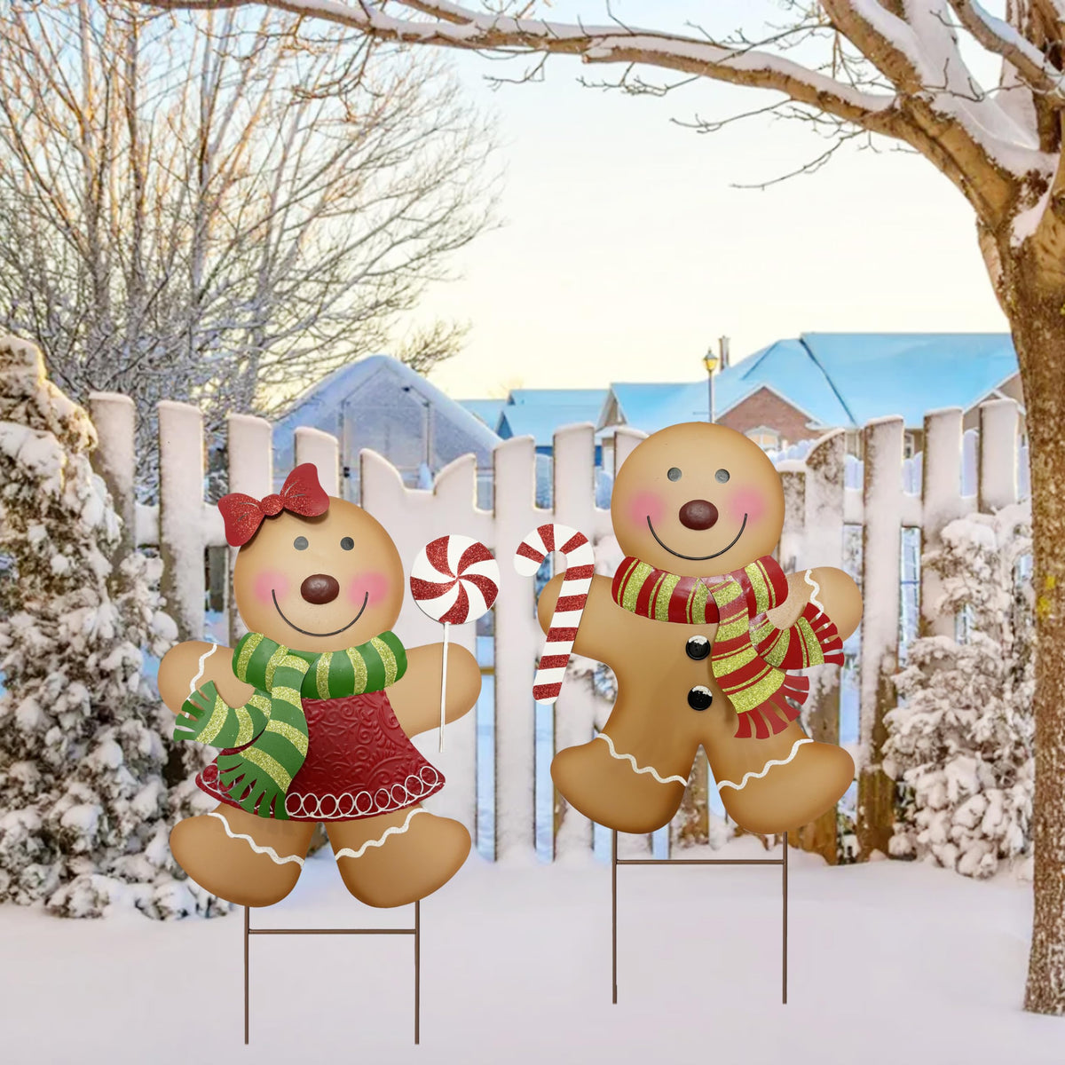ABELOTS Outdoor Christmas Decorations,27" H Large Gingerbread Boy and Girl Metal Yard Stakes,Set of 2, Rustic Winter Signs for Lawn Garden,Patio, Pathway & Front Yard,Farmhouse Porch Outside