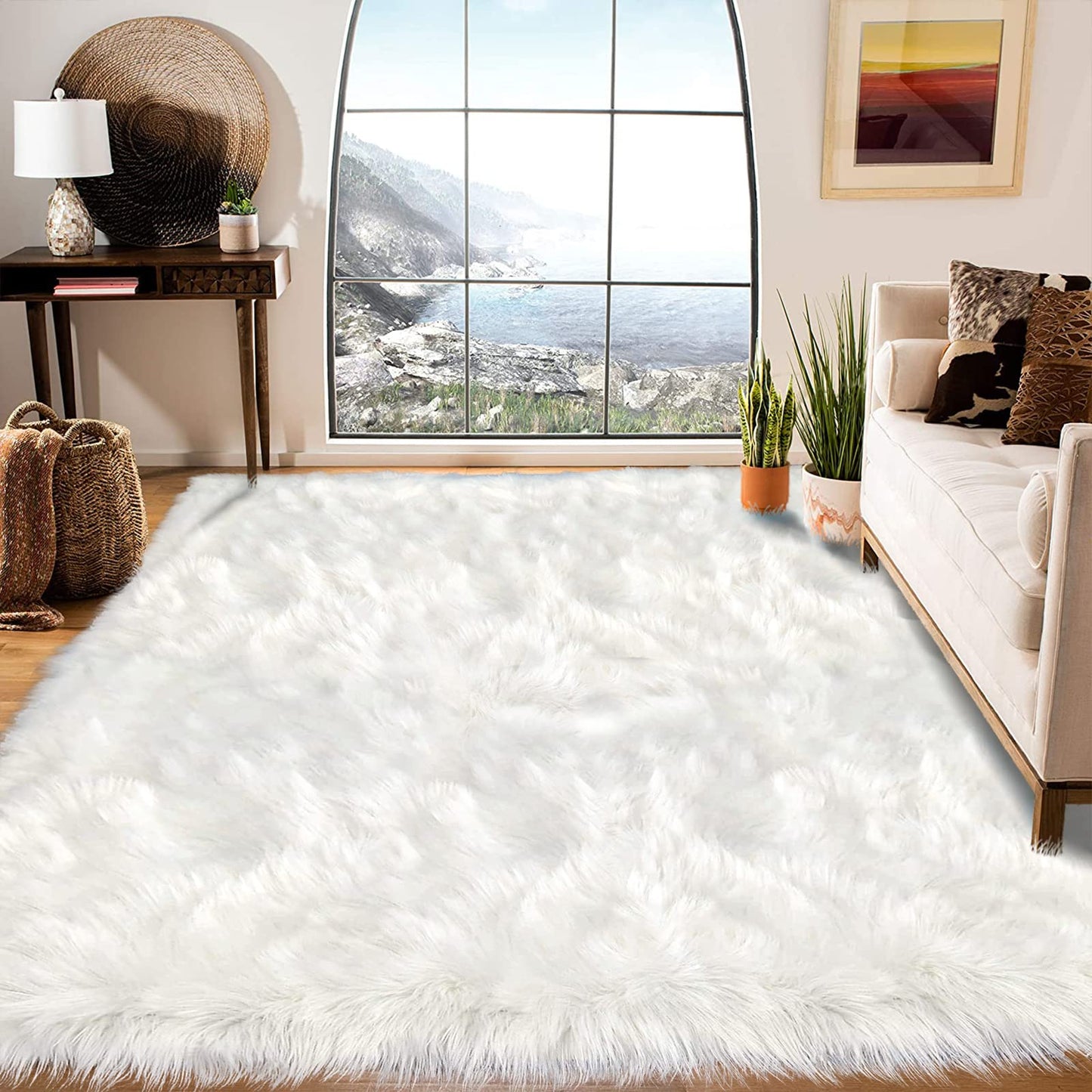 Latepis Large Area Rugs 6.7x10 Big White Faux Sheepskin Fur Rug for Living Room Washable Fluffy Rug for Bedroom High Pile Plush Shaggy Rugs Home Décor Rectangle
