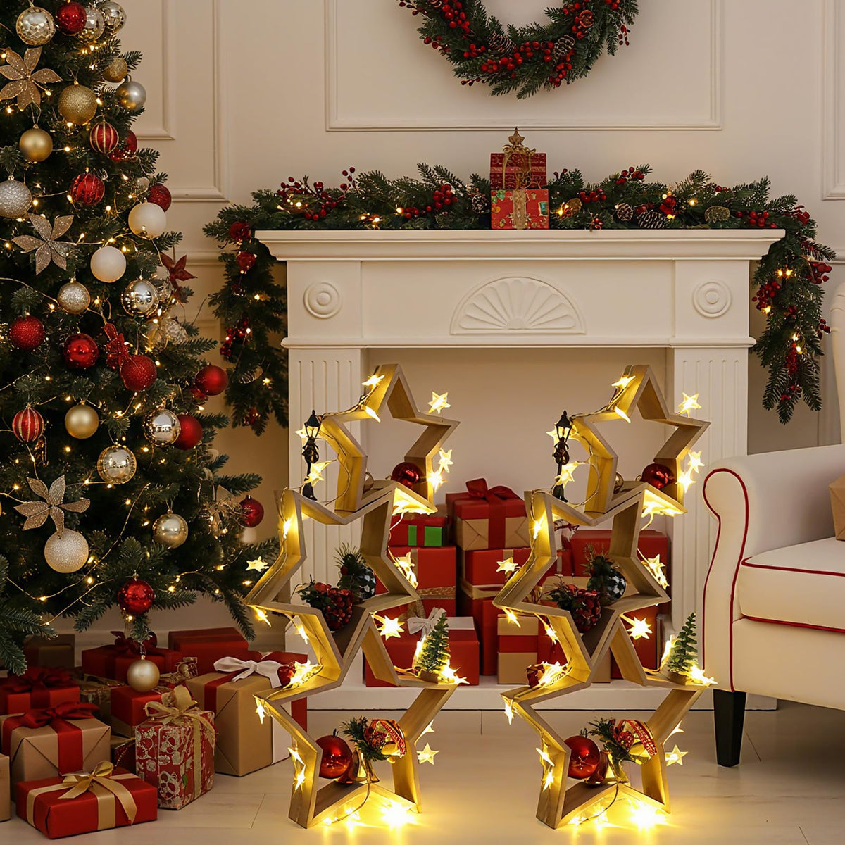 Geelin 6 Pcs Christmas Wooden Star Tabletop Centerpiece Sign with Light Strips Tape DIY Xmas Ornament for Farmhouse Fireplace Mantle Table Crafts Bookshelf Tiered Tray Decor (Original Wood)