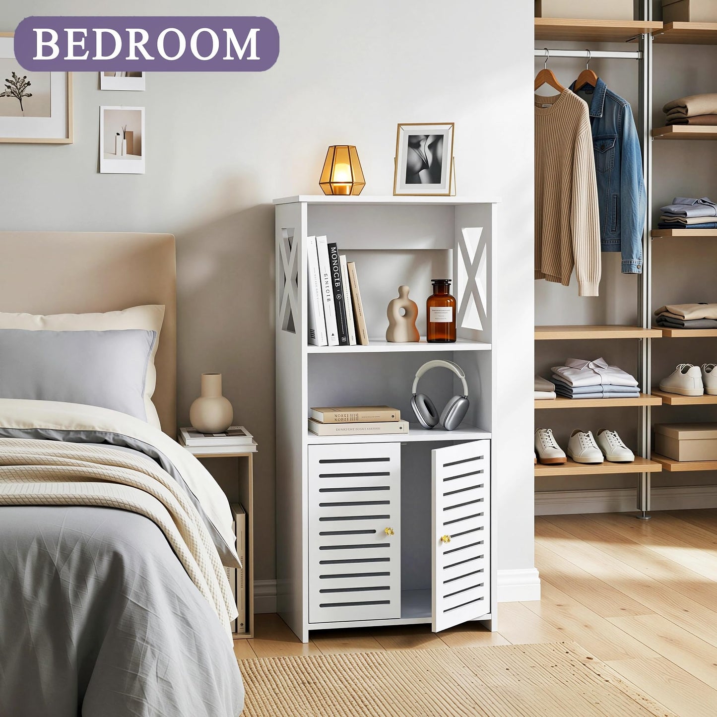 BYFU Bathroom Storage Cabinet, 4-Tier White Small Floor Cabinet Freestanding Organizer with Door and Shelf for Living Room Hallway Kitchen Small Space (8.7" D x 14.2" W x 29.1" H)